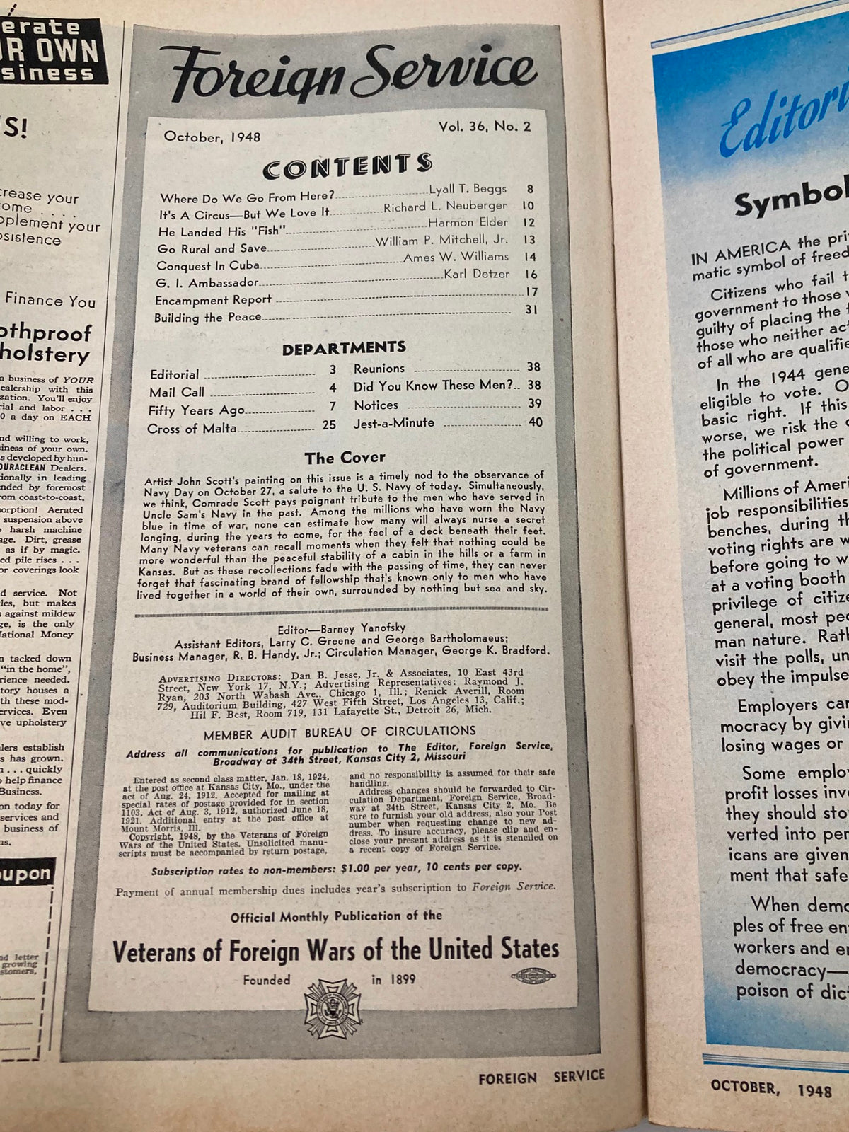 Contents page of VTG Foreign Service Magazine October 1948 Vol 36 #2, listing articles and features, including an editorial and various departments.