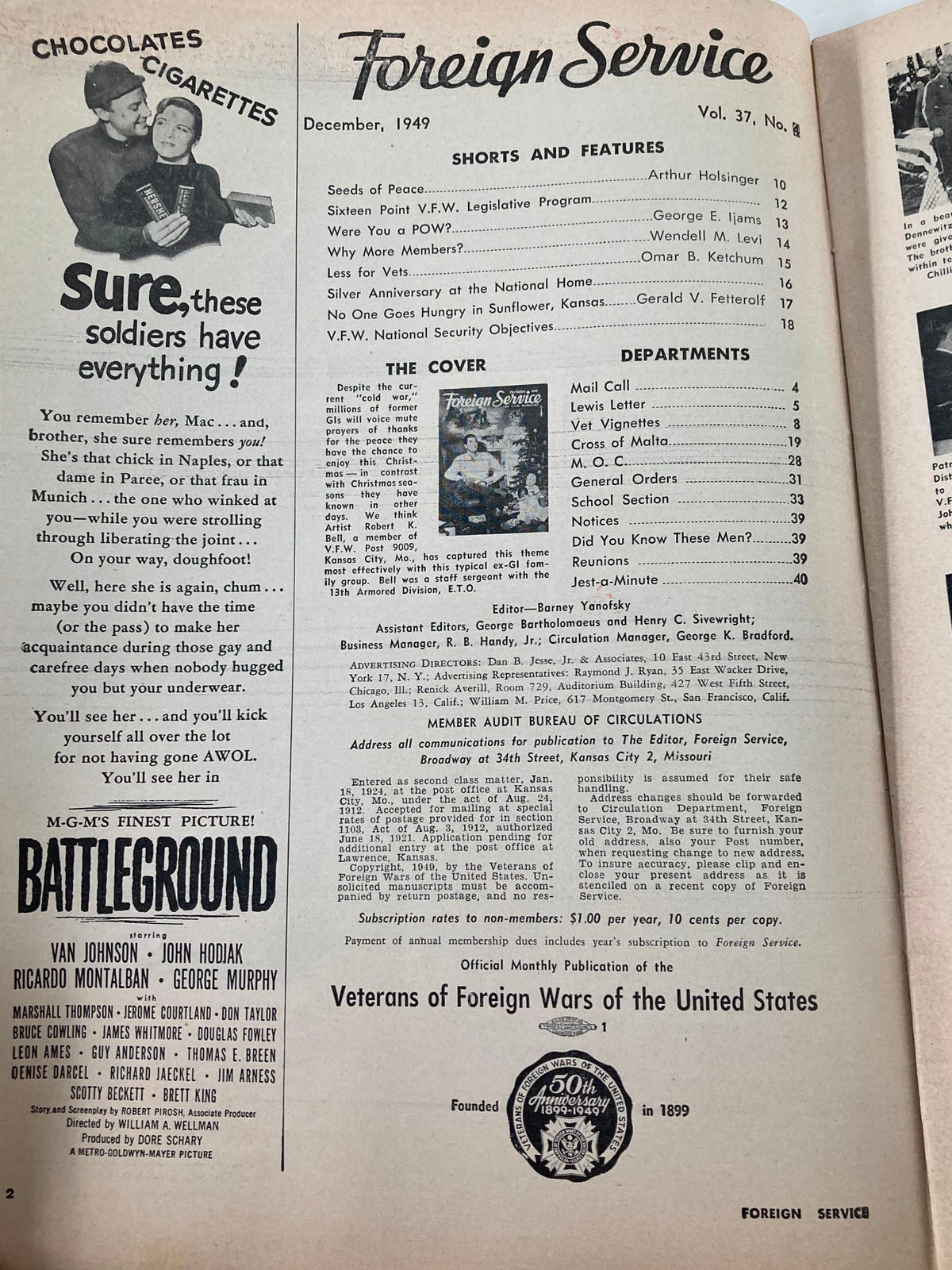 Inside page of VTG Foreign Service Magazine December 1949 Vol 37 #4 showcasing the table of contents and feature articles related to veterans and international community insights.