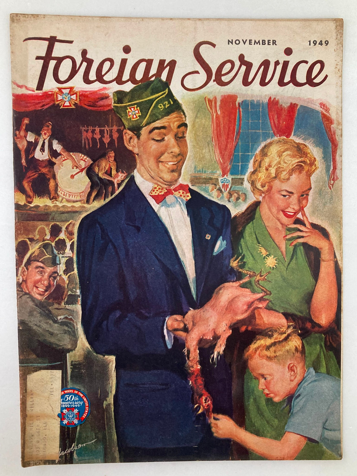 VTG Foreign Service Magazine November 1949 Vol 37 #3 'Getting The Bird' featuring a colorful cover illustration with a man in a suit presenting a bird, surrounded by people in a vintage setting.