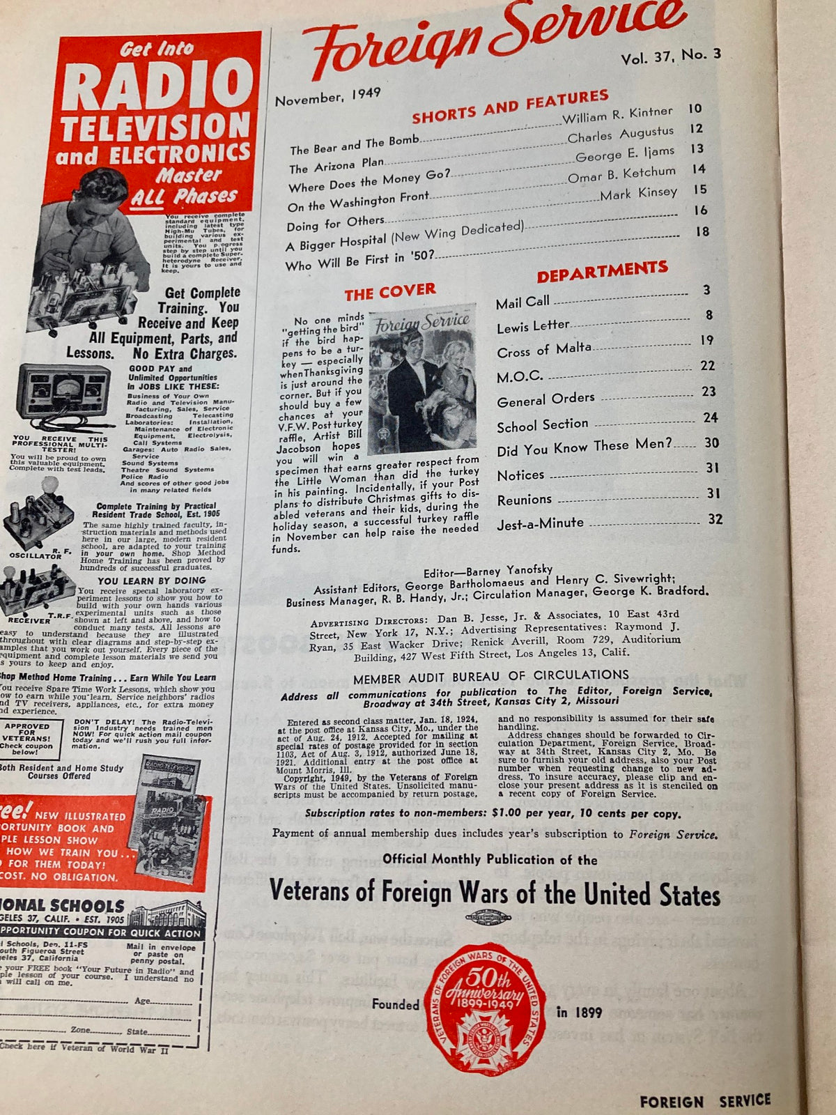 Inside page of VTG Foreign Service Magazine November 1949 Vol 37 #3 titled 'Getting The Bird', displaying the table of contents and various article titles related to post-war themes.