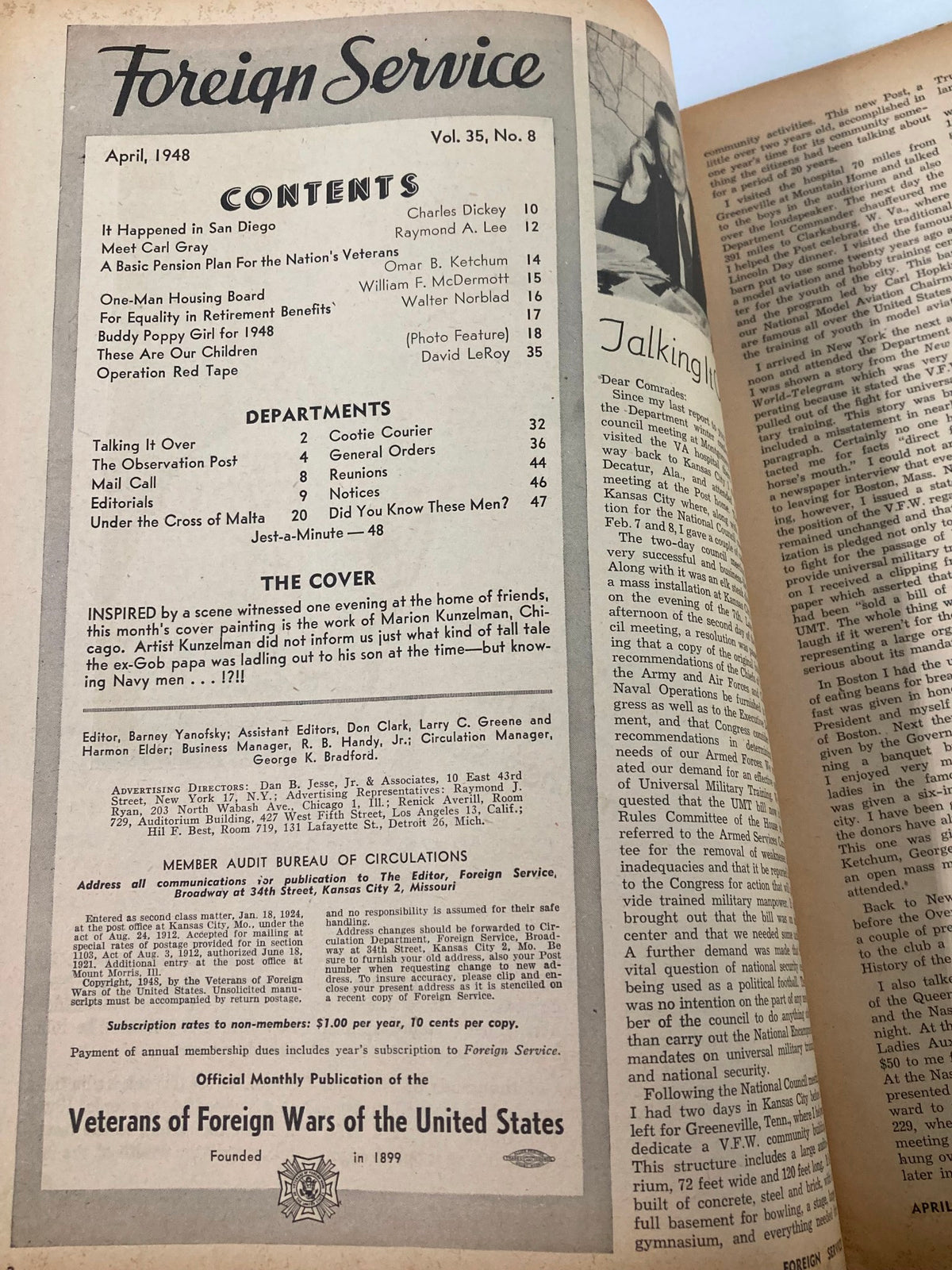 Contents page of VTG Foreign Service Magazine April 1948, Vol 35 #8, listing articles and features, including the story 'Tall Tale The Ex-Gob Papa'.