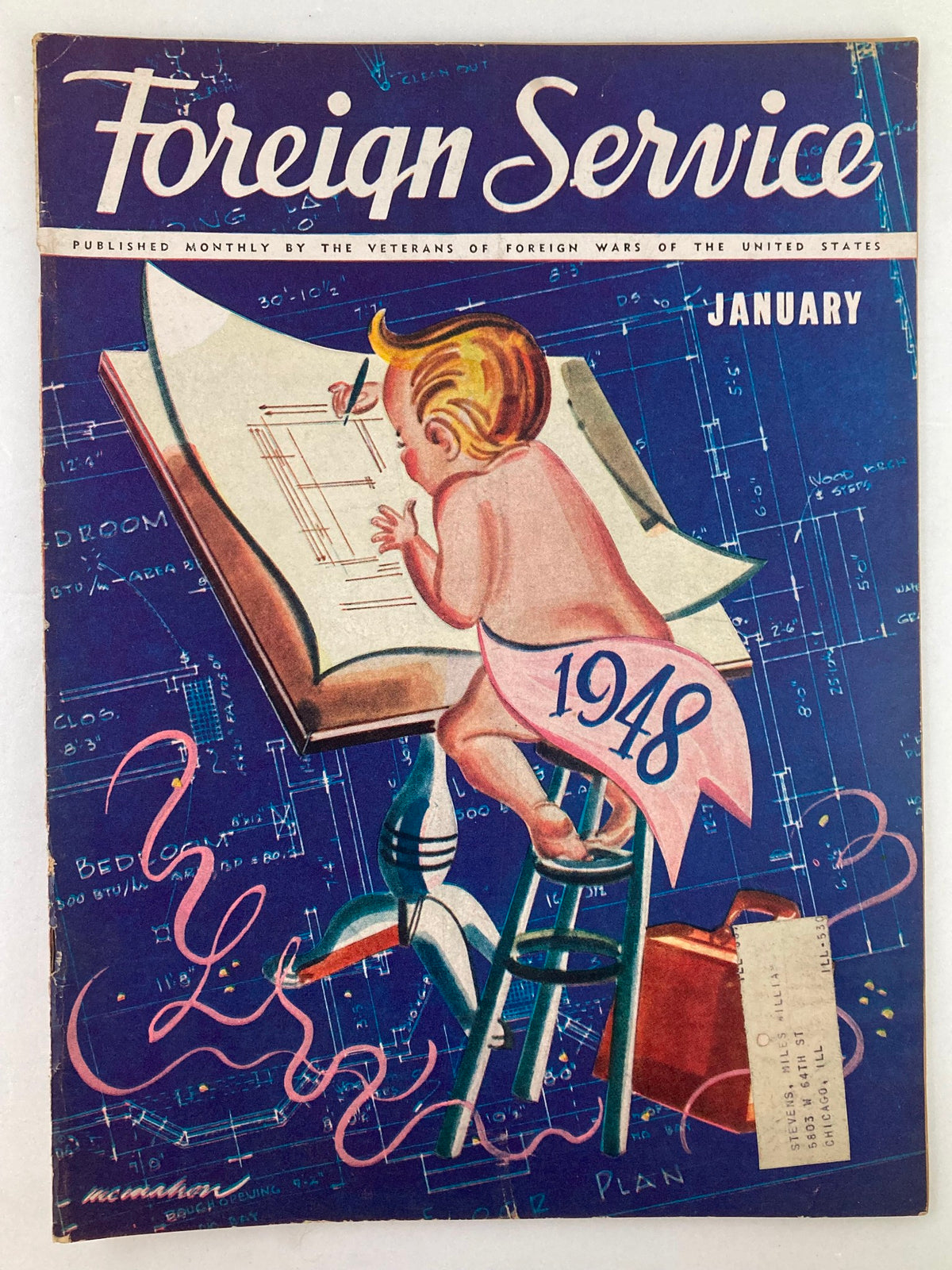 Cover of the VTG Foreign Service Magazine January 1948 Vol 35 #5 featuring an illustration of a child drawing plans, symbolizing hope and renewal for the New Year.