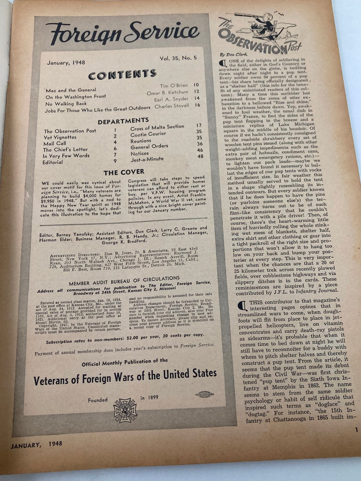 Contents page of the VTG Foreign Service Magazine January 1948 Vol 35 #5, listing articles and features, reflecting the post-war optimism of the late 1940s.