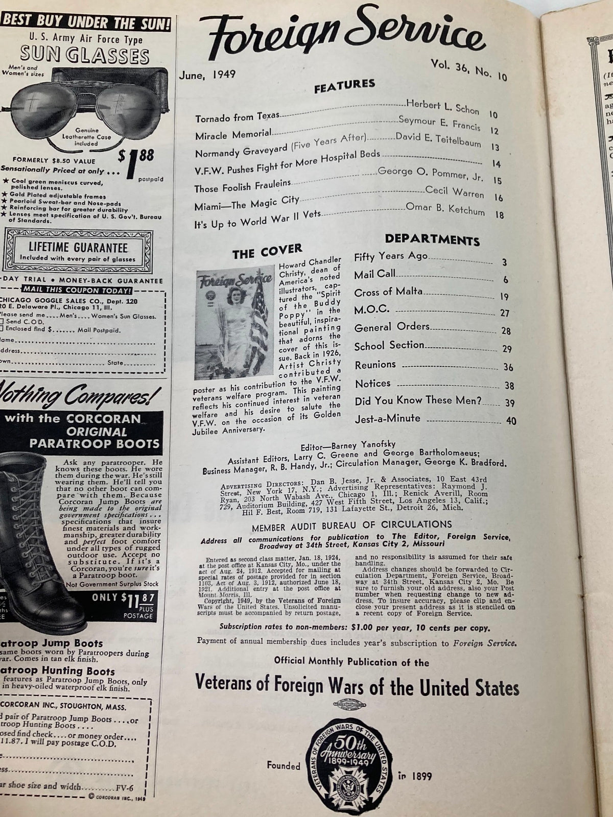 Interior page of the VTG Foreign Service Magazine June 1949 Vol 36 #10, featuring articles and advertisements from the post-war era. This page showcases the magazine's title and various sections, including features like 'Tornado from Texas' and 'Miracle Memorial,' along with the cover art and details about the publication.