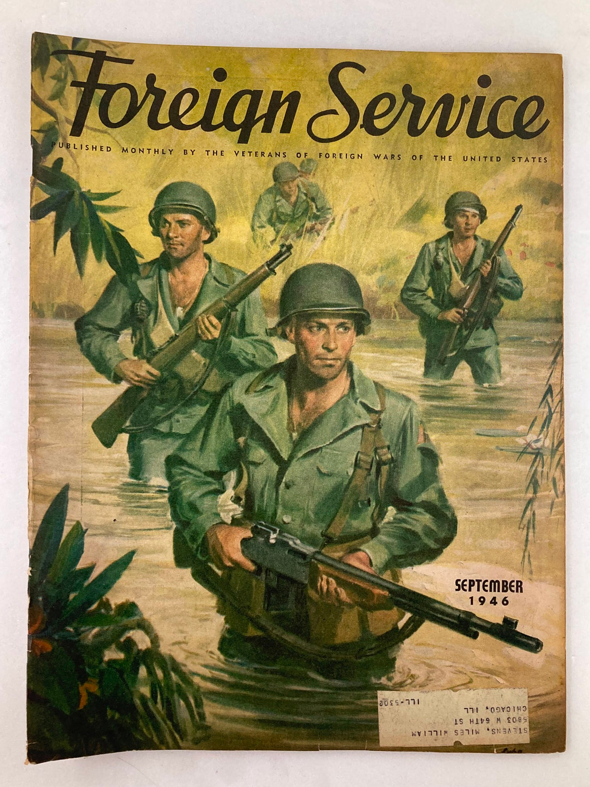 Cover of the VTG Foreign Service Magazine September 1946 Vol 34 #1 The Observation Post featuring soldiers in military gear with a jungle background.