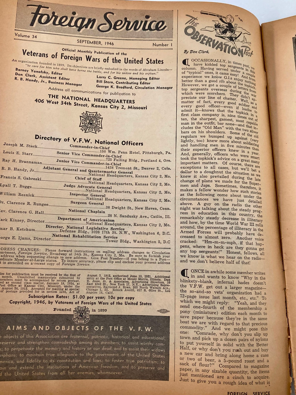 Interior page of VTG Foreign Service Magazine September 1946 Vol 34 #1 The Observation Post displaying the contents and editorial information.