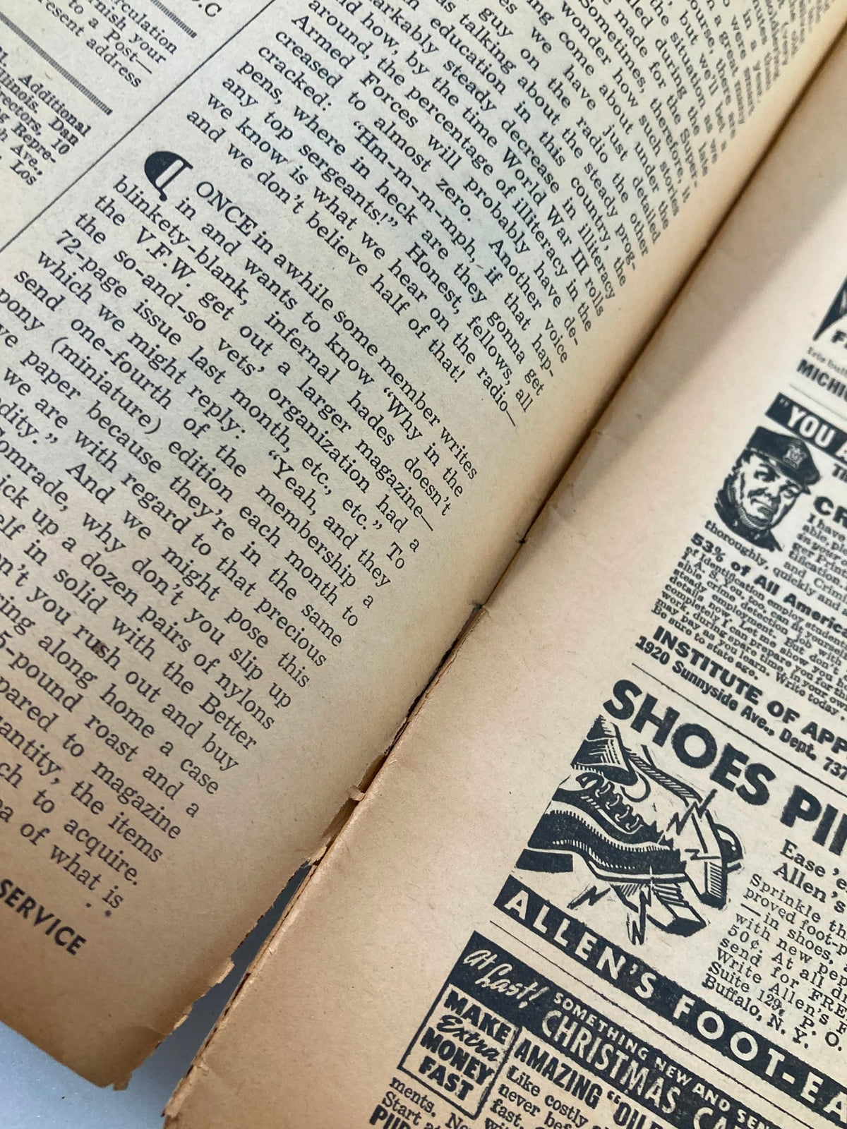 Close-up of an interior page from VTG Foreign Service Magazine September 1946 Vol 34 #1 The Observation Post showcasing text and advertisements.