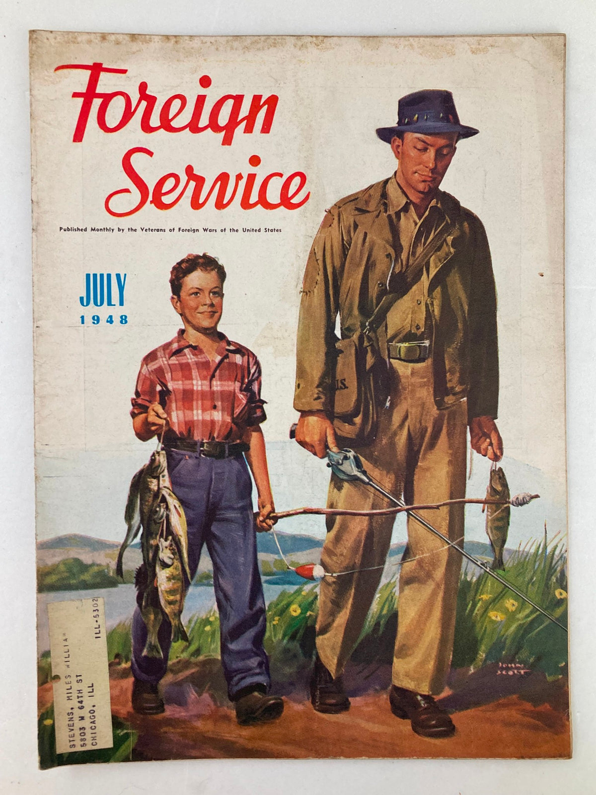Cover of VTG Foreign Service Magazine July 1948 Vol 35 #11 featuring a boy and a man holding fishing rods and catches, symbolizing the theme 'Take A Boy Fishing'.