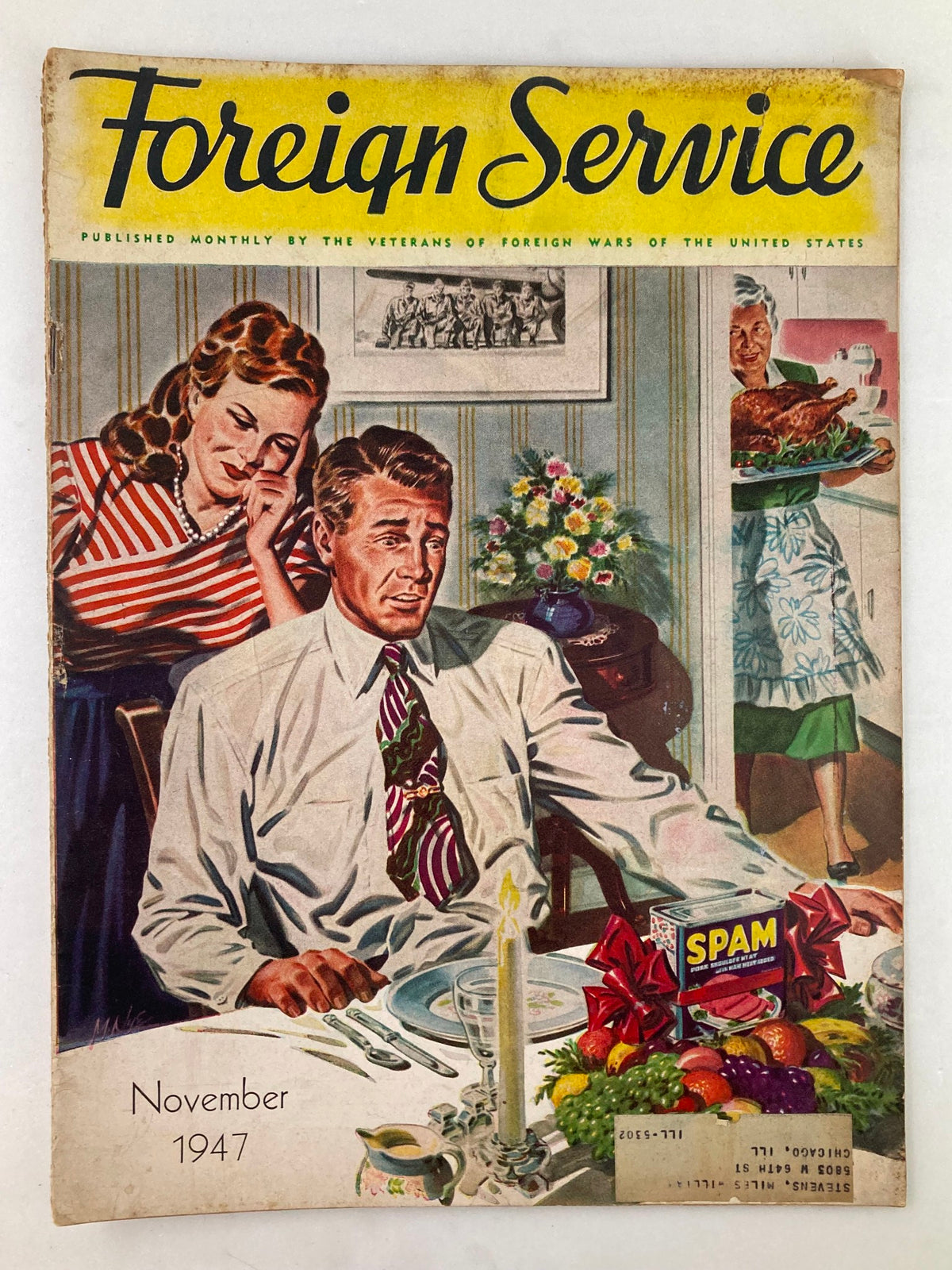 Cover of the November 1947 issue of Foreign Service Magazine, Volume 35, Issue 3, titled "The Horrors of Spam", featuring illustrated characters at a dinner table with a can of Spam prominently displayed.