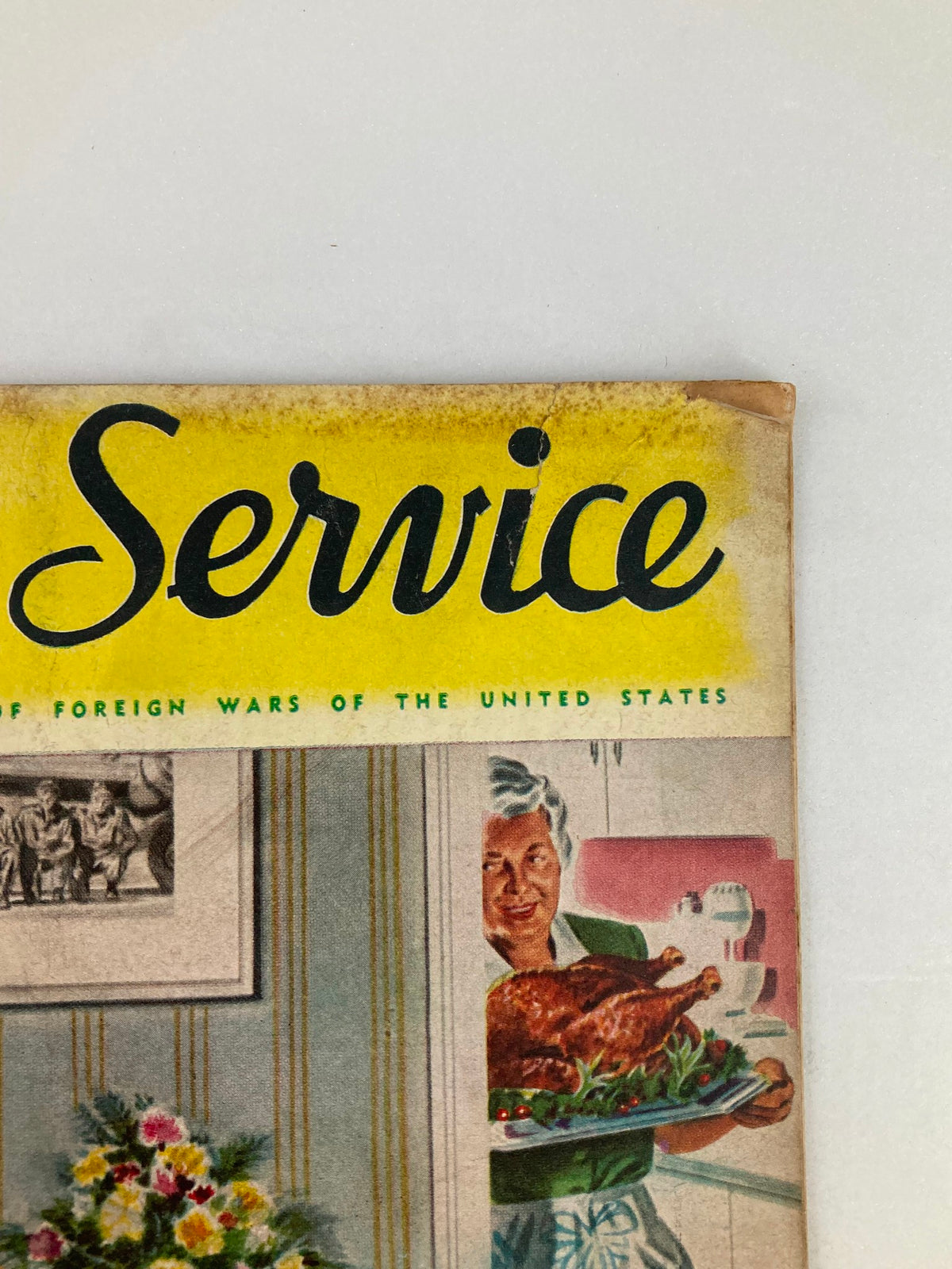 Close-up view of the title "Service" from the cover of Foreign Service Magazine, November 1947, Volume 35, Issue 3, showcasing vintage typography and colors.