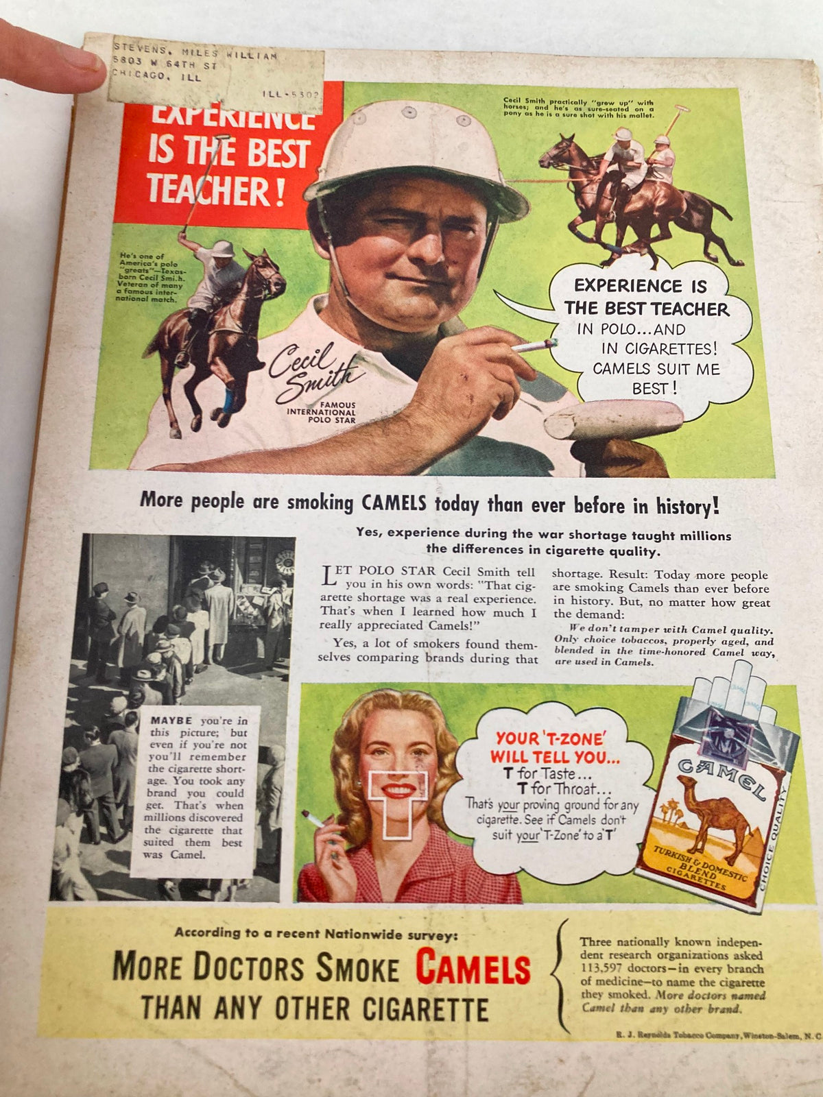 Advertisement page in VTG Foreign Service Magazine June 1947, promoting Camel cigarettes featuring polo star Cecil Smith, showcasing a vintage style and capturing post-war advertising themes.