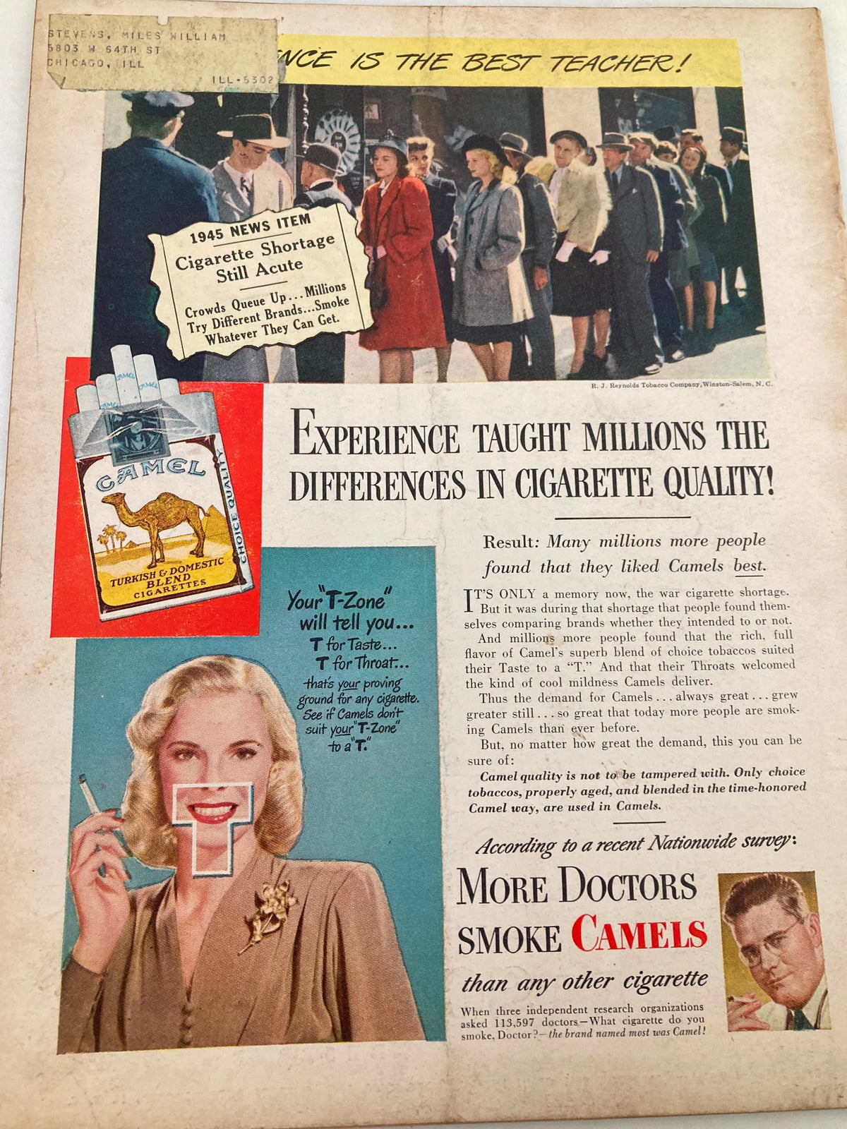 An advertisement from the 1947 Foreign Service Magazine, promoting Camel cigarettes amidst a 1945 cigarette shortage, showcasing a woman with a cigarette and a crowd waiting outside, emphasizing quality differences in cigarettes.