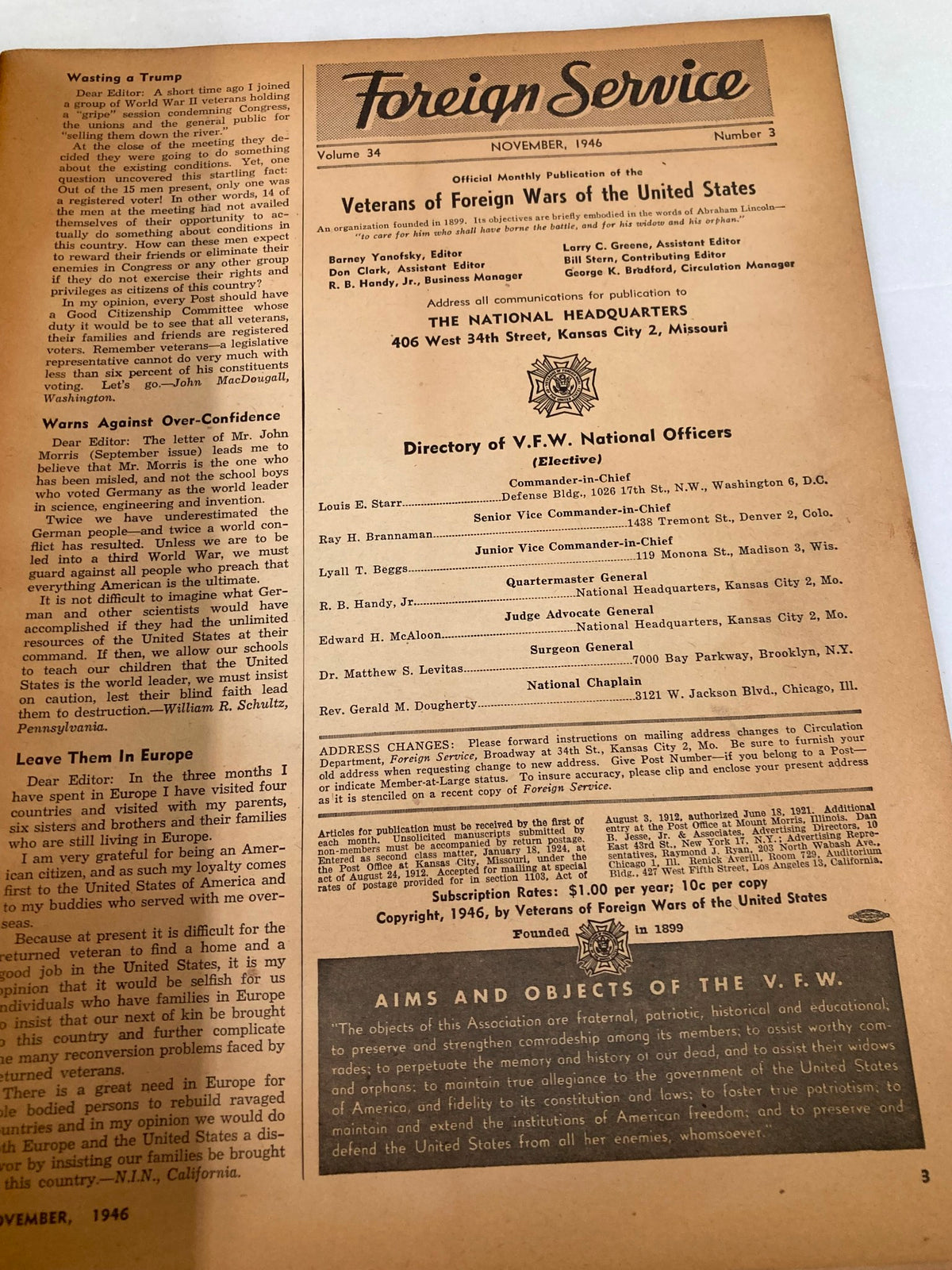 Inside page of VTG Foreign Service Magazine November 1946 Vol 34 #3 showing text and articles related to the Veterans of Foreign Wars, highlighting community contributions and concerns of the era.