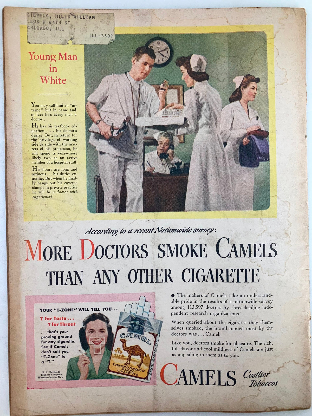 Back cover of VTG Foreign Service Magazine November 1946 Vol 34 #3 featuring an advertisement for Camel cigarettes, promoting their popularity among doctors.
