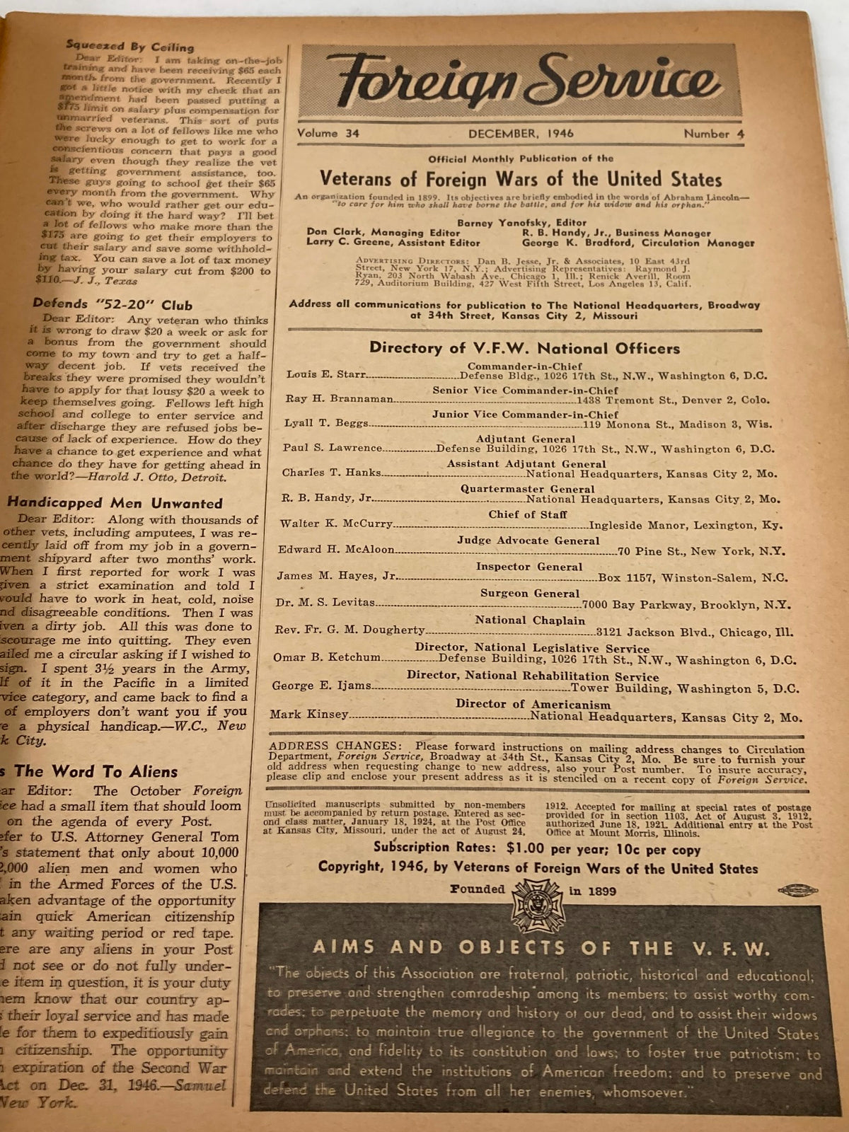 Inside page of VTG Foreign Service Magazine December 1946 Vol 34 #4 displaying the table of contents and articles including 'Handicapped Men Unwanted', reflecting historical perspectives on disabilities.