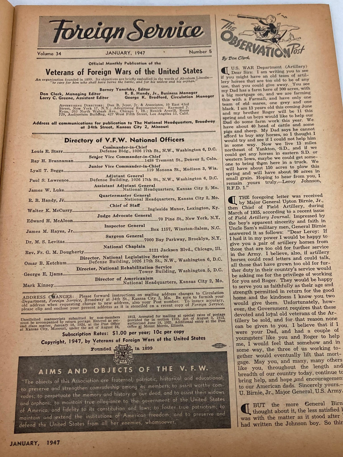 Interior page of the VTG Foreign Service Magazine January 1947 Vol 34 #5, presenting the directory of V.F.W. National Officers and additional publication details related to the magazine.
