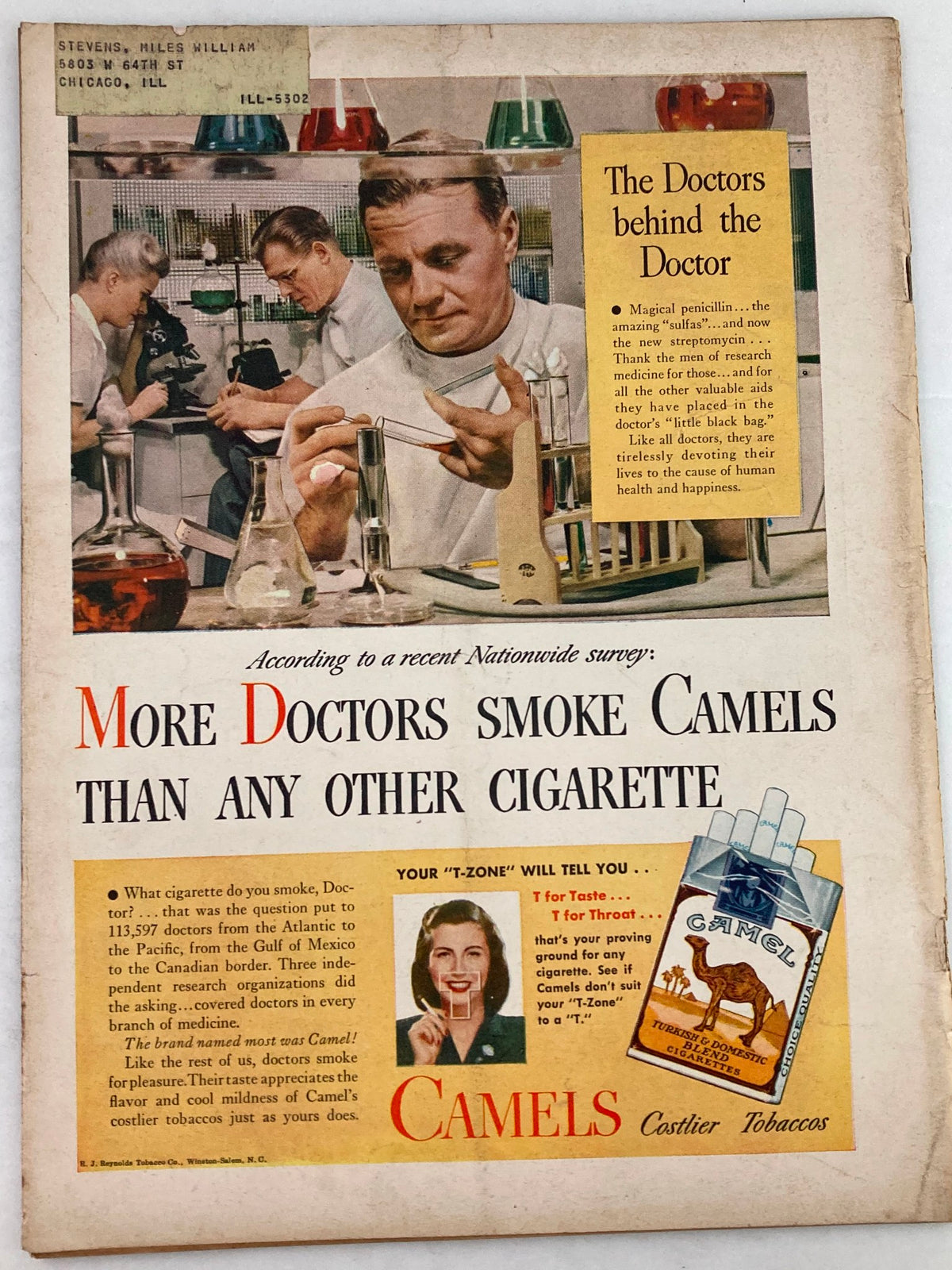 Back cover of the VTG Foreign Service Magazine January 1947 Vol 34 #5, showcasing a Camel cigarette advertisement highlighting the popularity of Camel cigarettes among doctors.