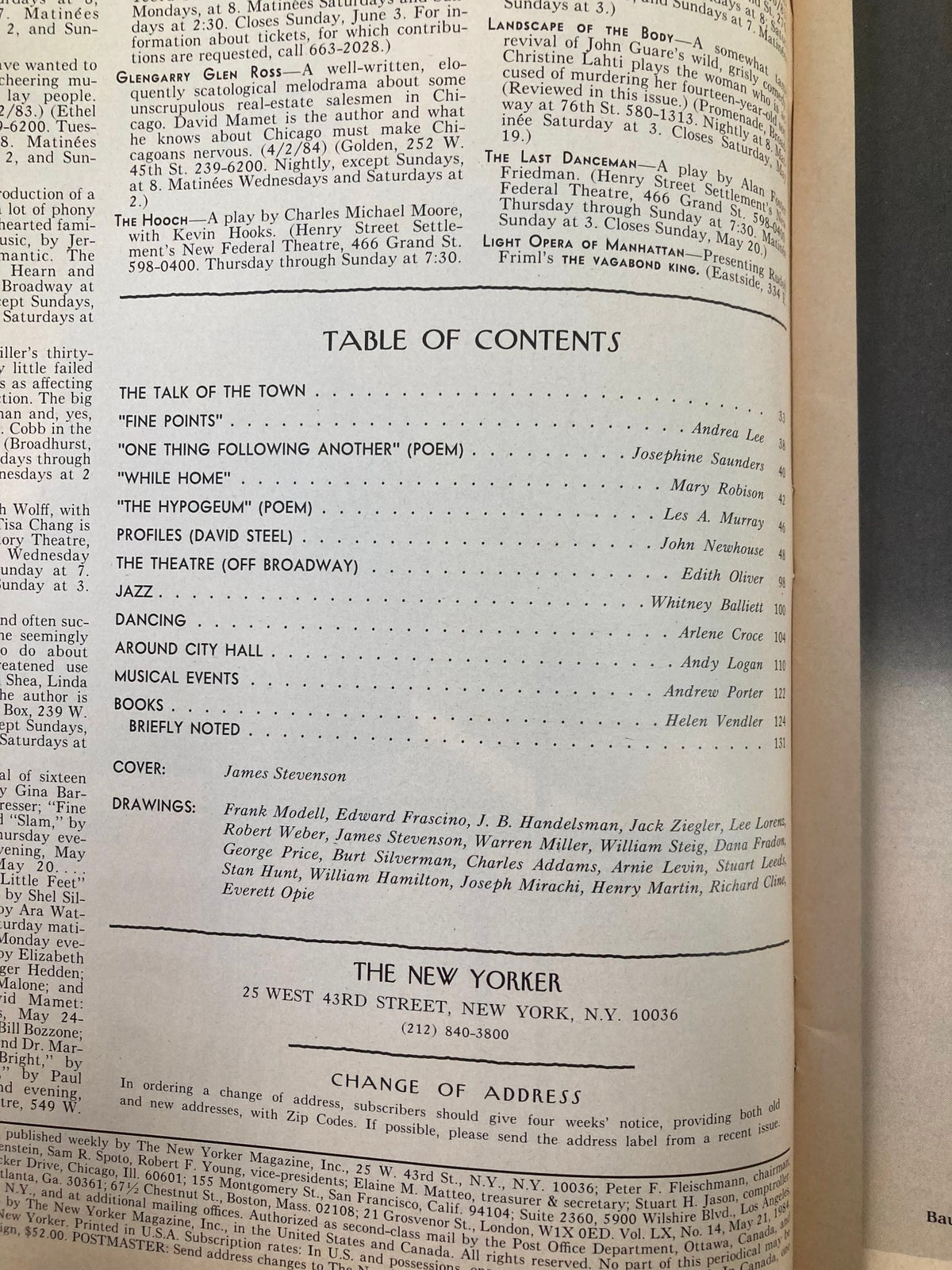 Inside view of The New Yorker Full Magazine May 21 1984, showcasing the Table of Contents with various articles, poems, and drawings, reflecting the magazine's rich literary history.
