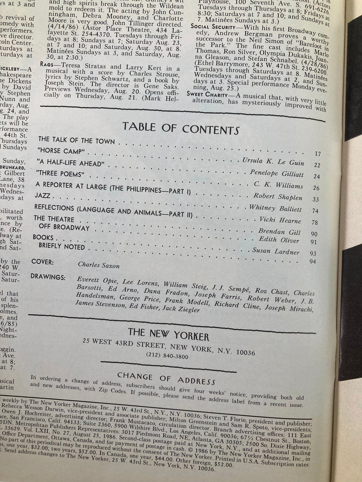 Table of contents from The New Yorker magazine, August 25, 1986, showcasing various articles, features, and contributions including the cover art by Charles Saxon.