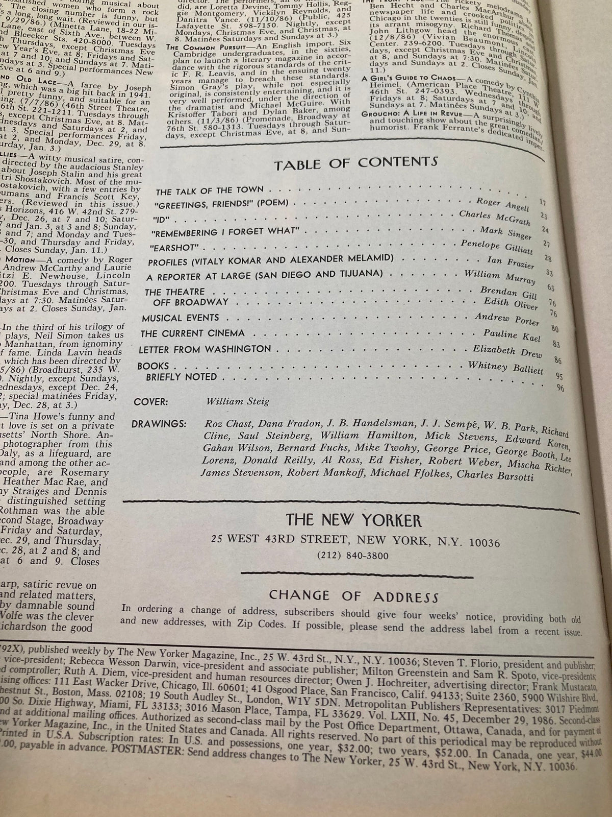 The New Yorker Full Magazine December 29 1986 Wings by William Steig table of contents showcasing the issue's articles, drawings, and notable features.