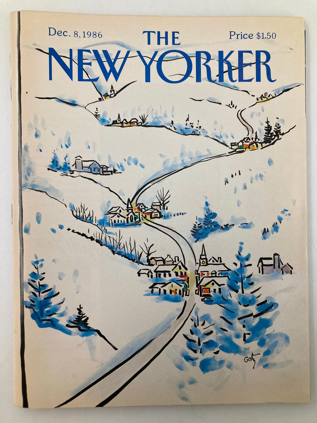 The New Yorker Full Magazine December 8 1986 cover featuring 'Snow Village' by Arthur Getz, illustrating a serene winter landscape with homes and snow-covered trees.