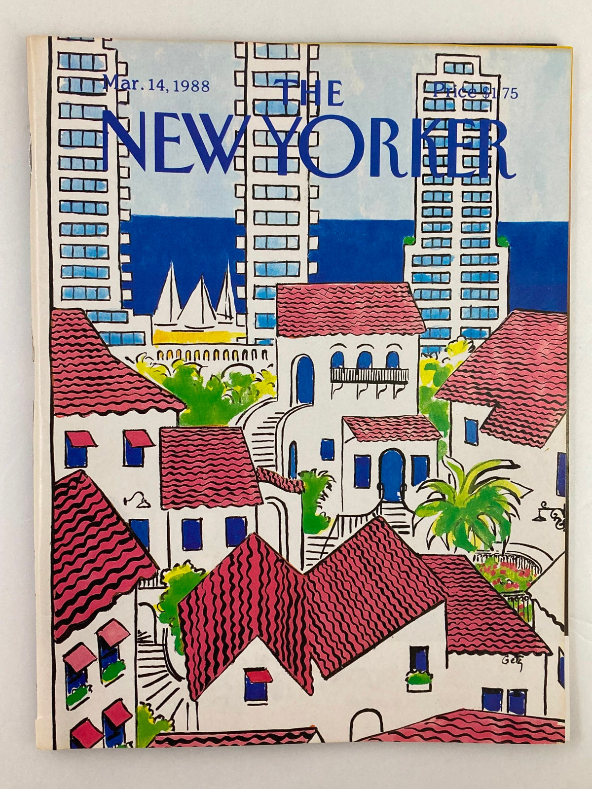 The New Yorker Full Magazine March 14, 1988 featuring a rooftop illustration by Arthur Getz, showcasing colorful buildings and a coastal view.