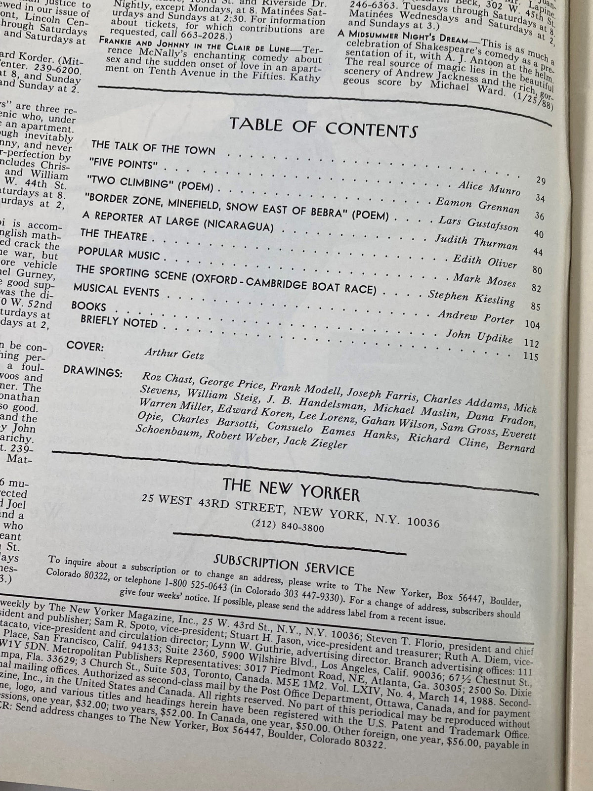 Table of contents from The New Yorker Full Magazine March 14, 1988, listing articles and featured content with a cover by Arthur Getz.