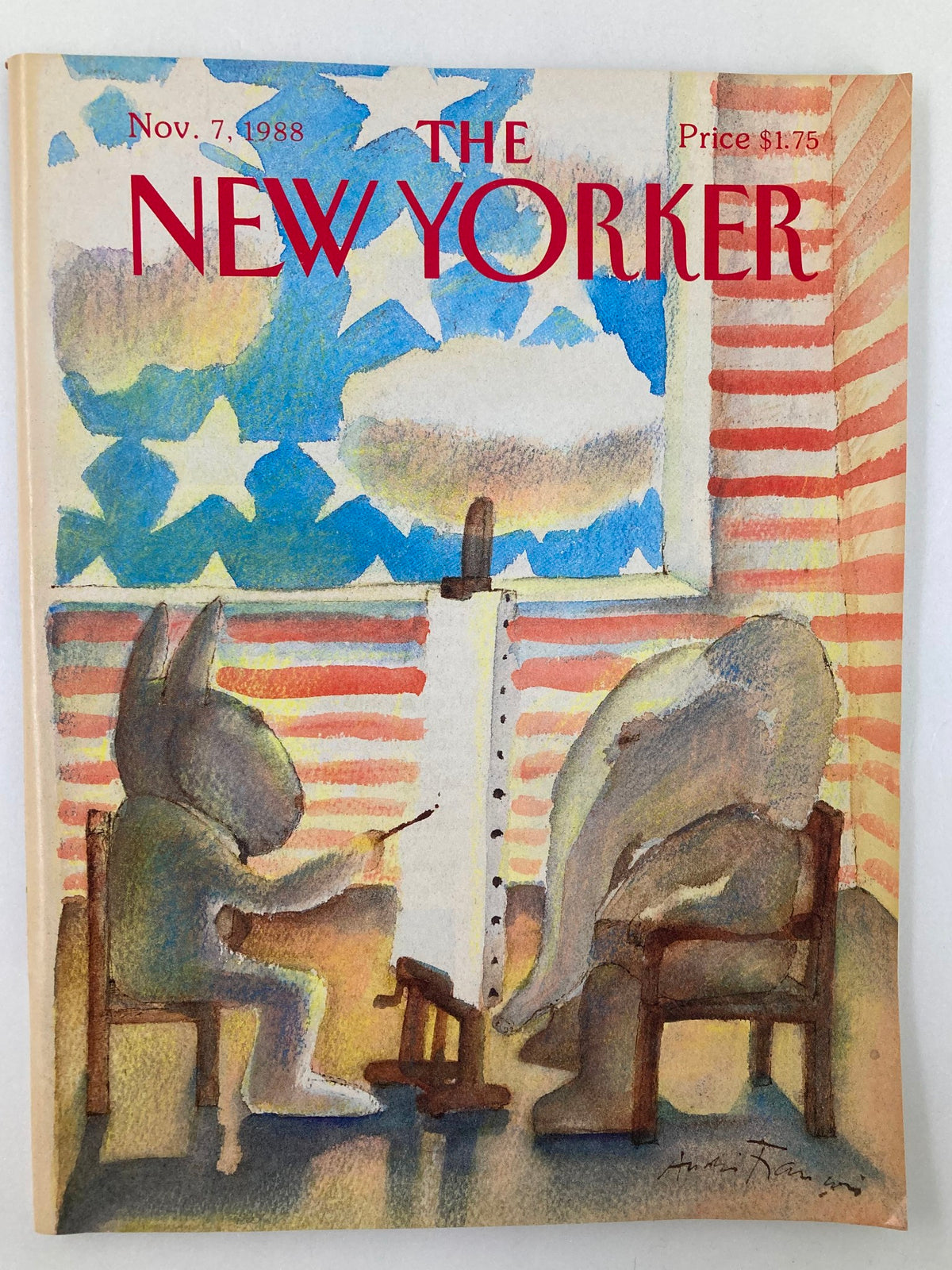 Cover of The New Yorker Full Magazine from November 7, 1988, featuring the unique artwork titled 'Animal Paints' by Francois. The cover depicts anthropomorphic characters in a creatively illustrated setting.