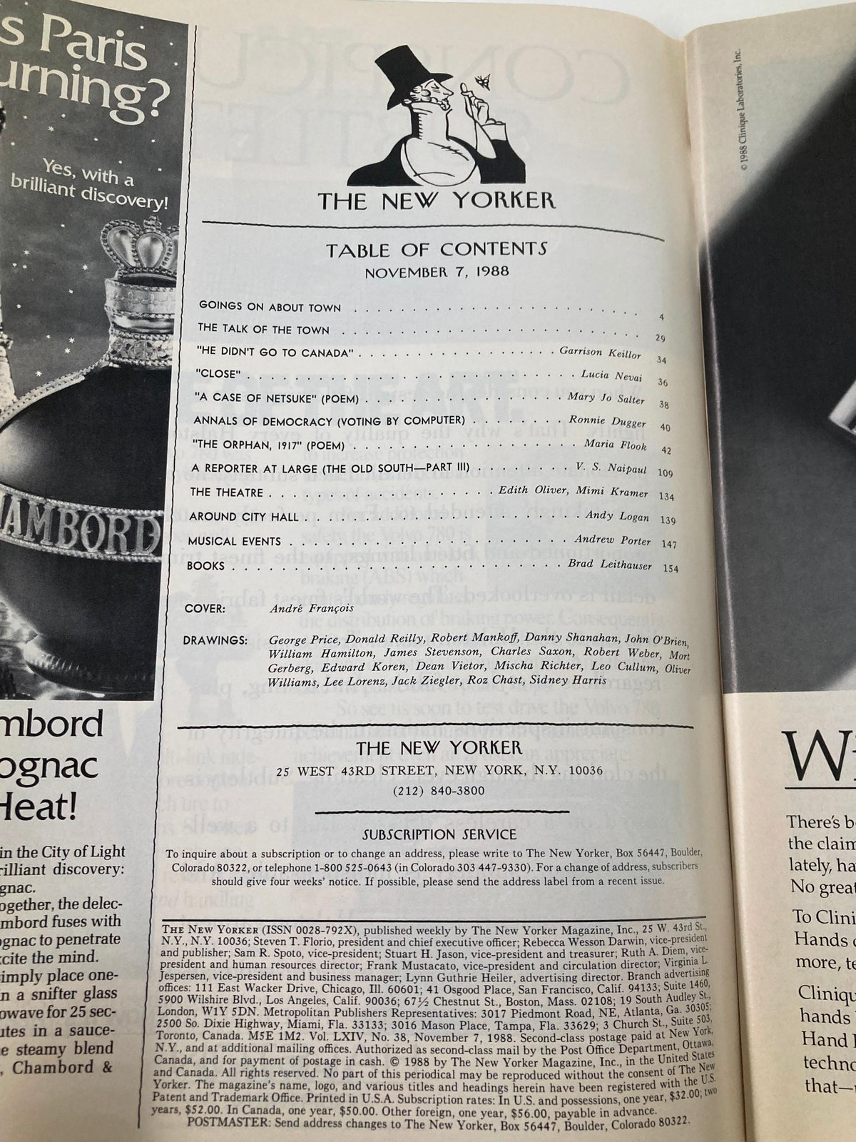 The New Yorker Full Magazine November 7 1988 featuring the Table of Contents, showcasing articles like 'The Talk of the Town' and poetry, under the cover art 'Animal Paints' by Francois.