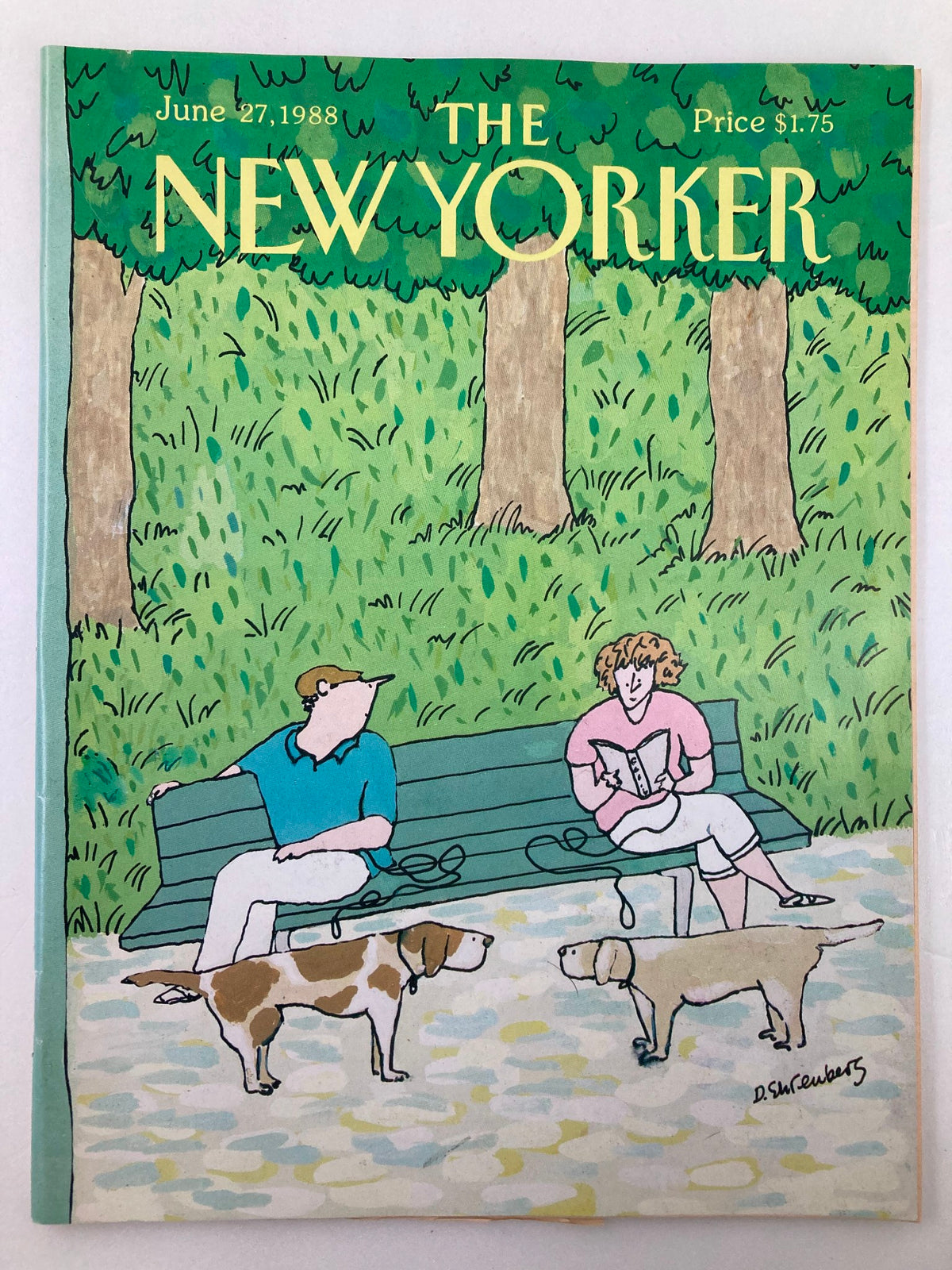 Cover of The New Yorker magazine, June 27, 1988, featuring the illustration titled 'Dog Date' by Devera Ehrenberg, depicting two people and two dogs in a park.