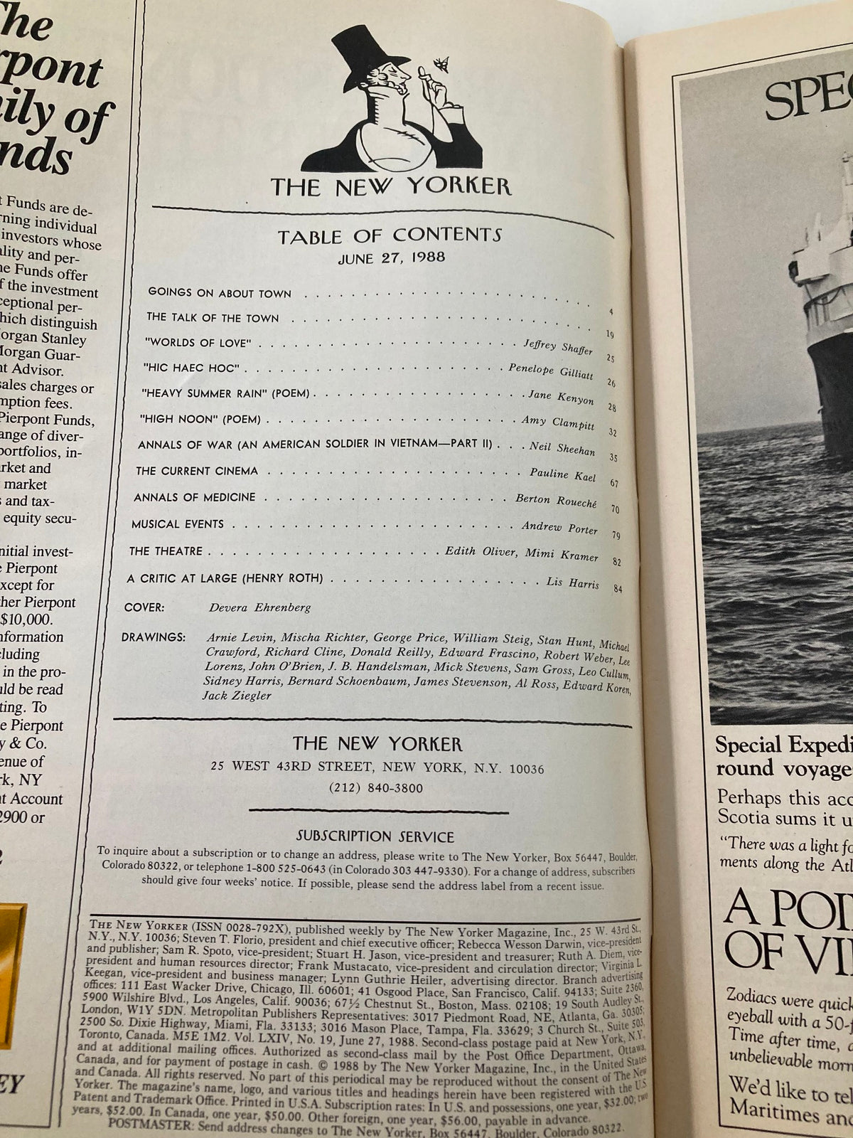 Table of contents page from The New Yorker magazine, June 27, 1988, listing articles and features including contributions from various writers and the cover by Devera Ehrenberg.
