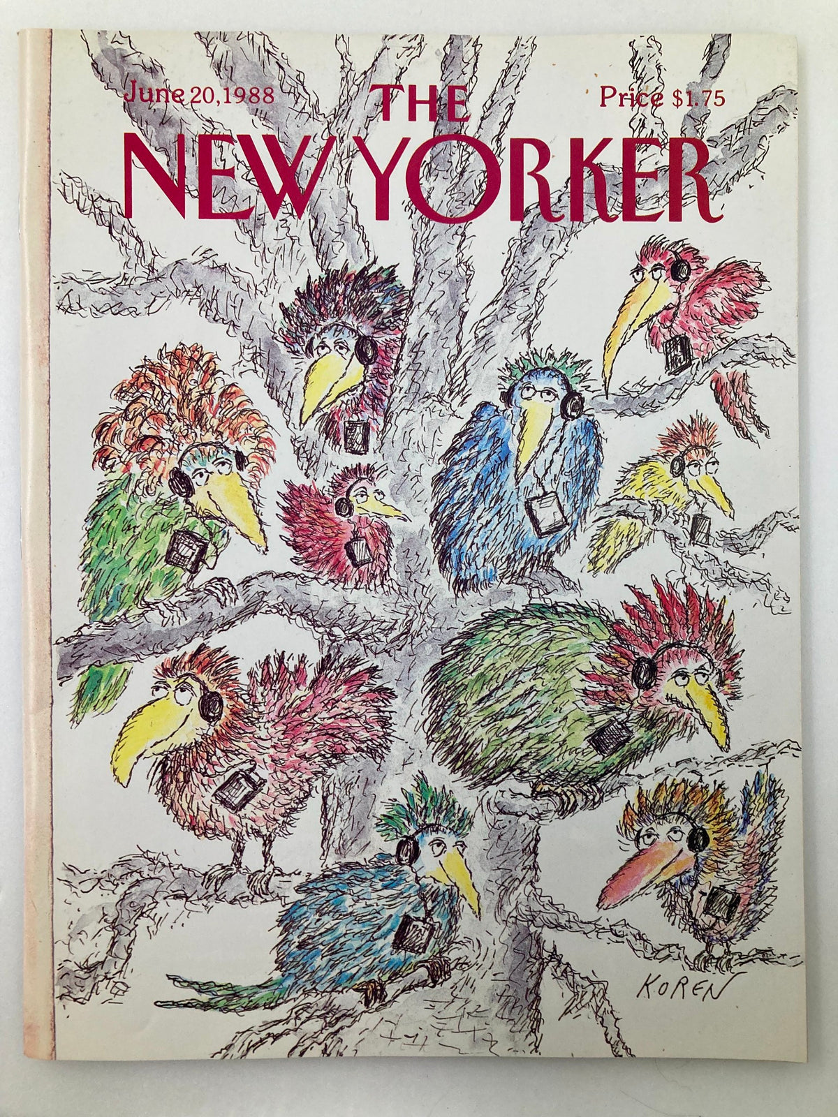 The New Yorker Full Magazine June 20 1988 featuring the colorful cover art 'Tree Birds' by Edward Koren, depicting whimsical birds in a tree.