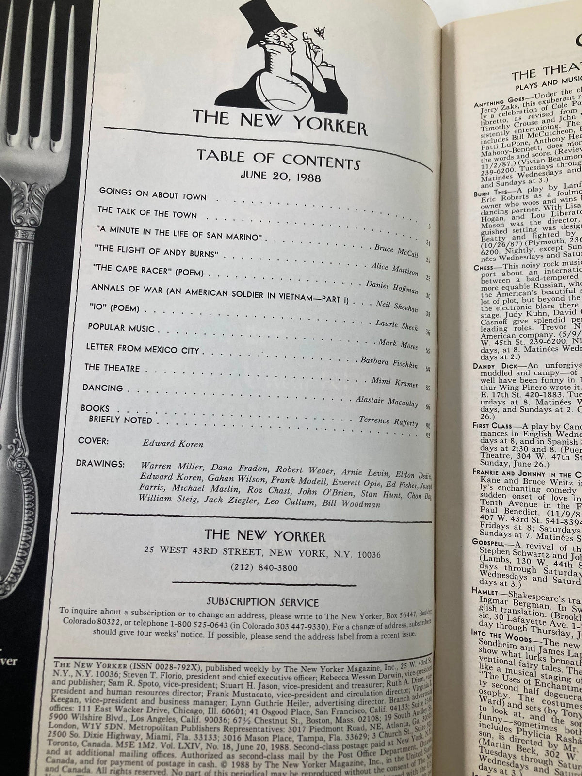 Table of contents page from The New Yorker Full Magazine June 20 1988, showcasing articles and features including works by Edward Koren and various contributions.