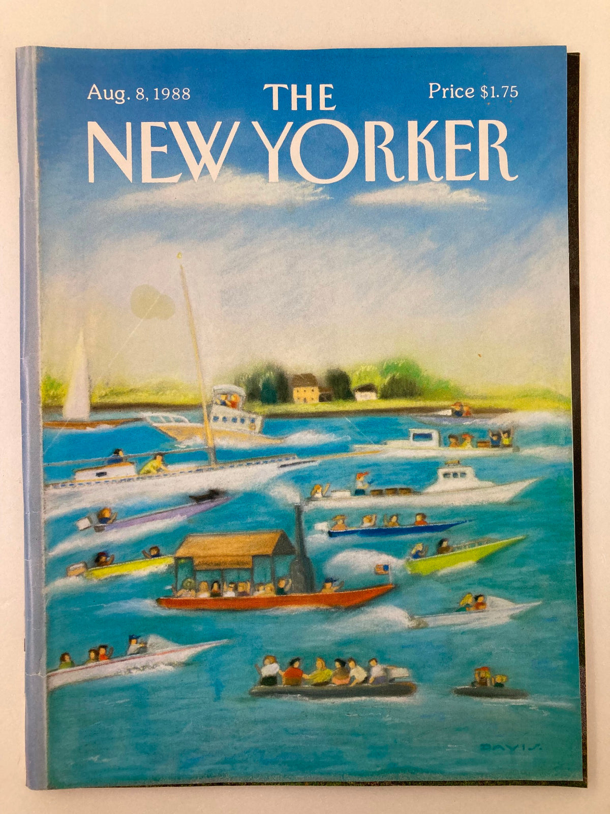Cover image of The New Yorker Full Magazine August 8 1988 featuring vibrant boats and a clear blue sky, illustrated by Susan Davis. The magazine's title and date are prominently displayed.