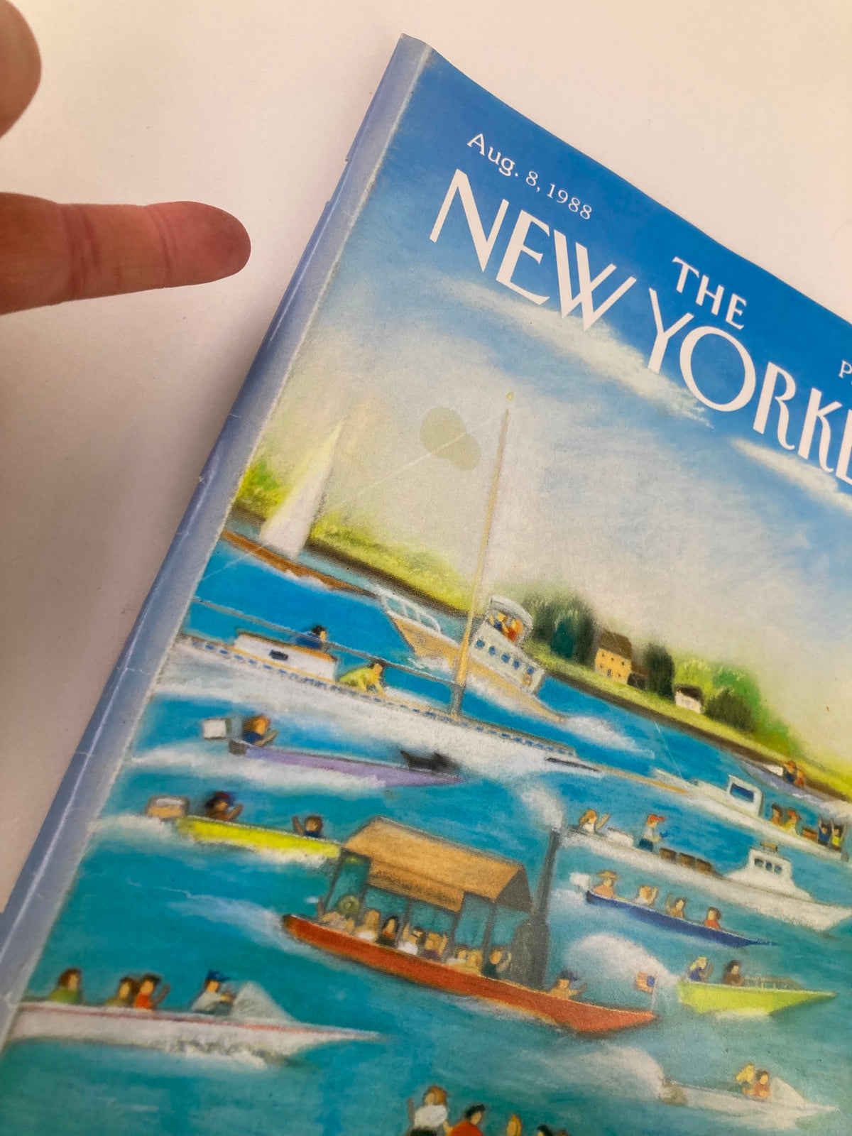 Close-up view of The New Yorker Full Magazine August 8 1988, highlighting the cover art of boats and the magazine title. The publication showcases boating culture from the late 80s.