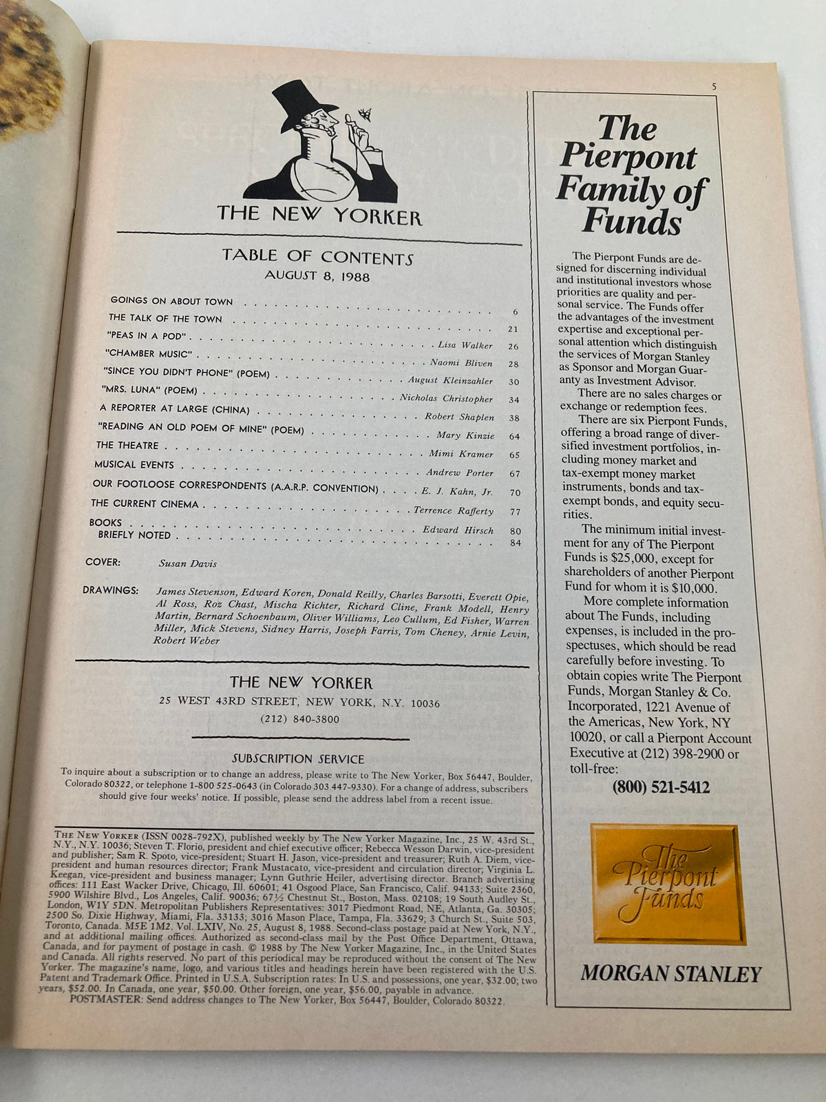 Table of Contents from The New Yorker Full Magazine August 8 1988, featuring various articles, poems, and cover art by Susan Davis.