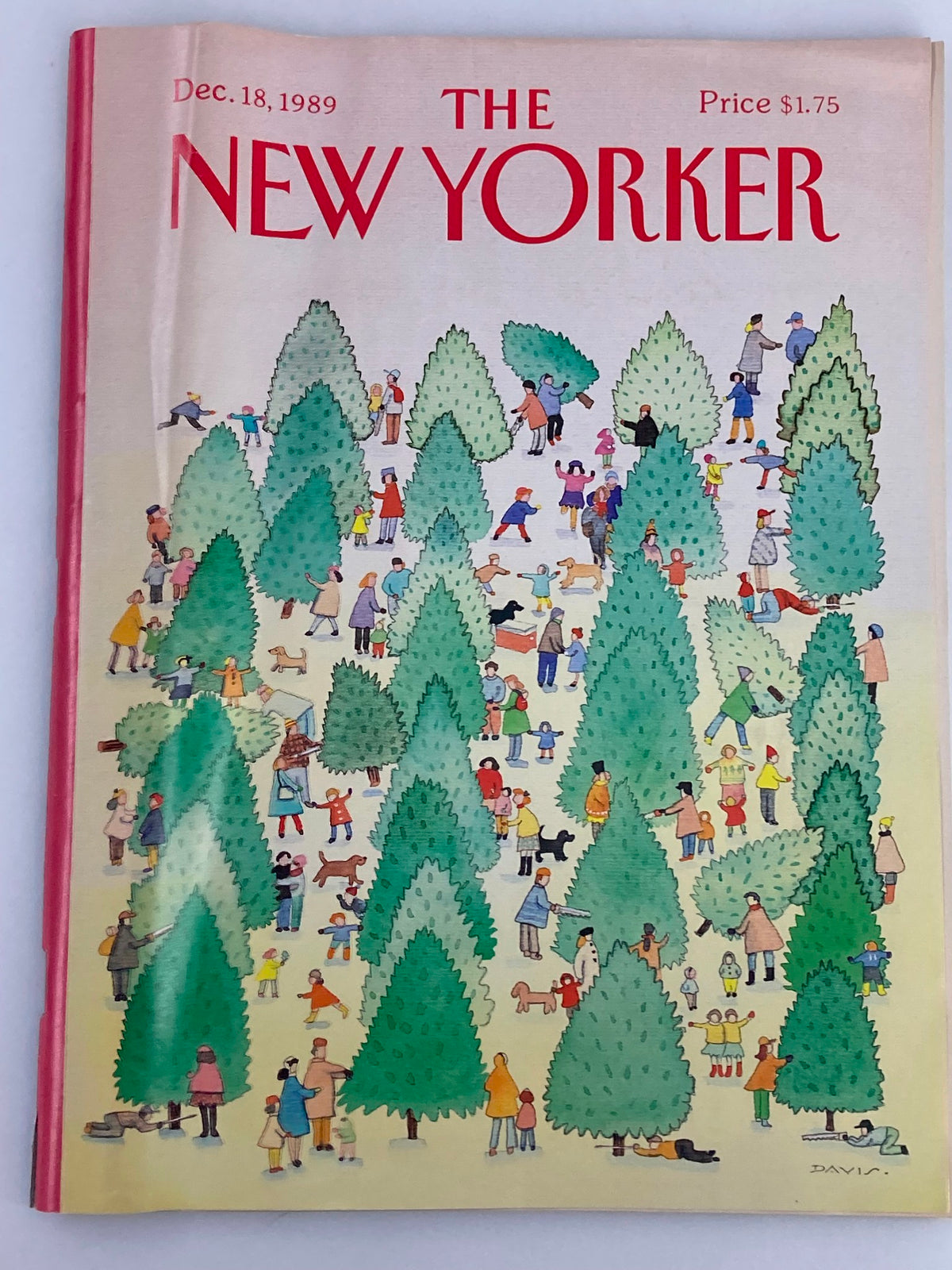 Cover of The New Yorker Full Magazine December 18, 1989, featuring Tree Hunting by S. Davis, depicting a colorful scene of people amidst Christmas trees.