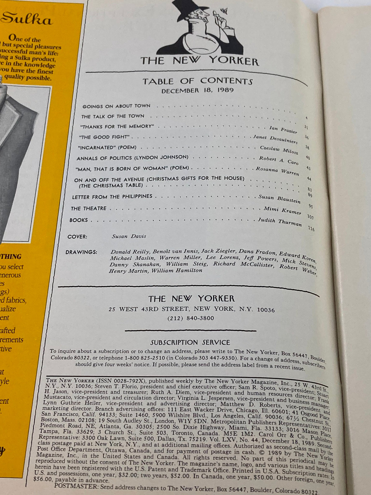 Table of contents page from The New Yorker Full Magazine December 18, 1989, listing articles and features including the cover artwork by S. Davis.