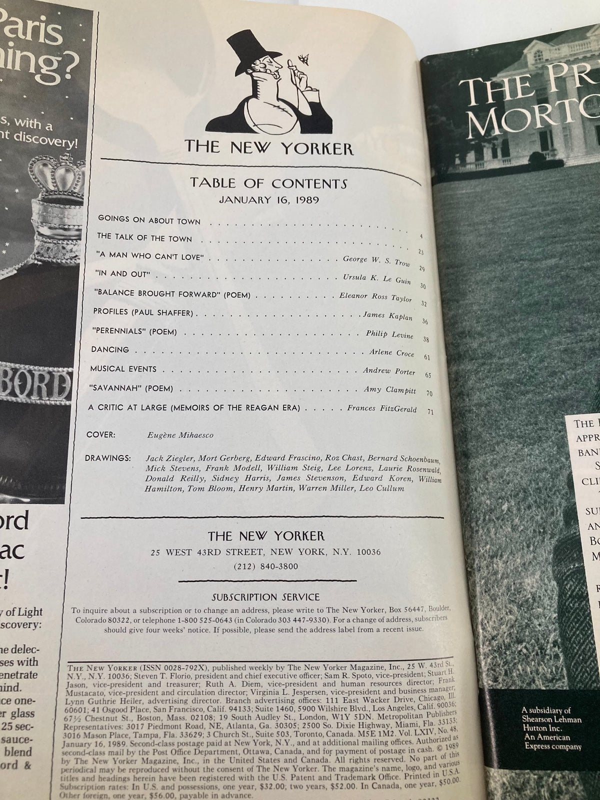 Table of Contents from The New Yorker Full Magazine January 16, 1989, featuring various articles and poems, illustrated by Eugene Mihaesco.