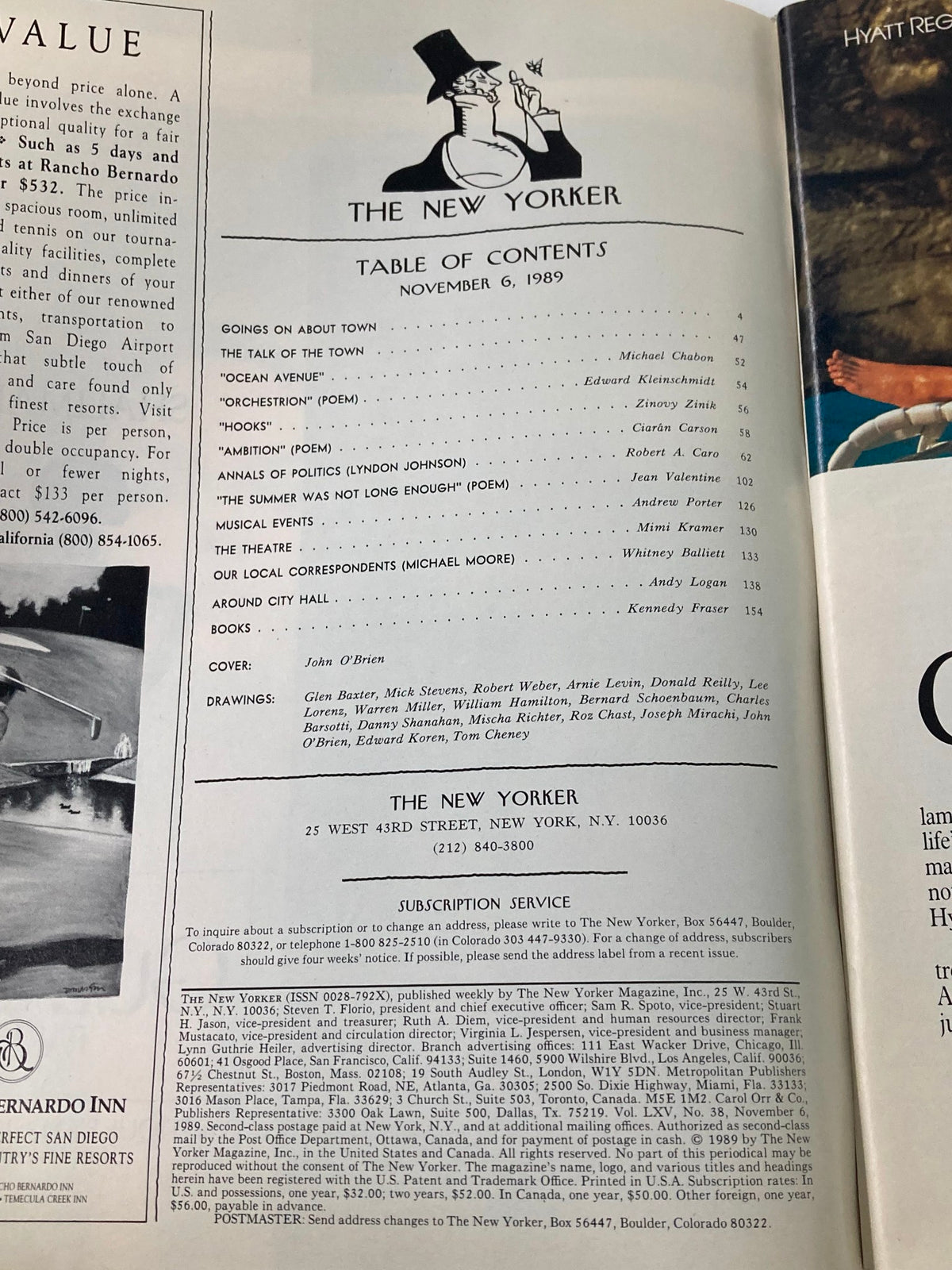 Table of contents from The New Yorker Full Magazine November 6 1989, outlining featured articles and illustrations including the piece 'Goal' by John O'Brien.