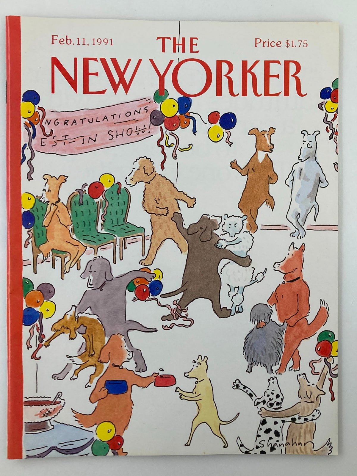 Cover of The New Yorker magazine, February 11, 1991, featuring the whimsical artwork titled 'Party Animal' by Shanahan, depicting dogs in a festive celebration.