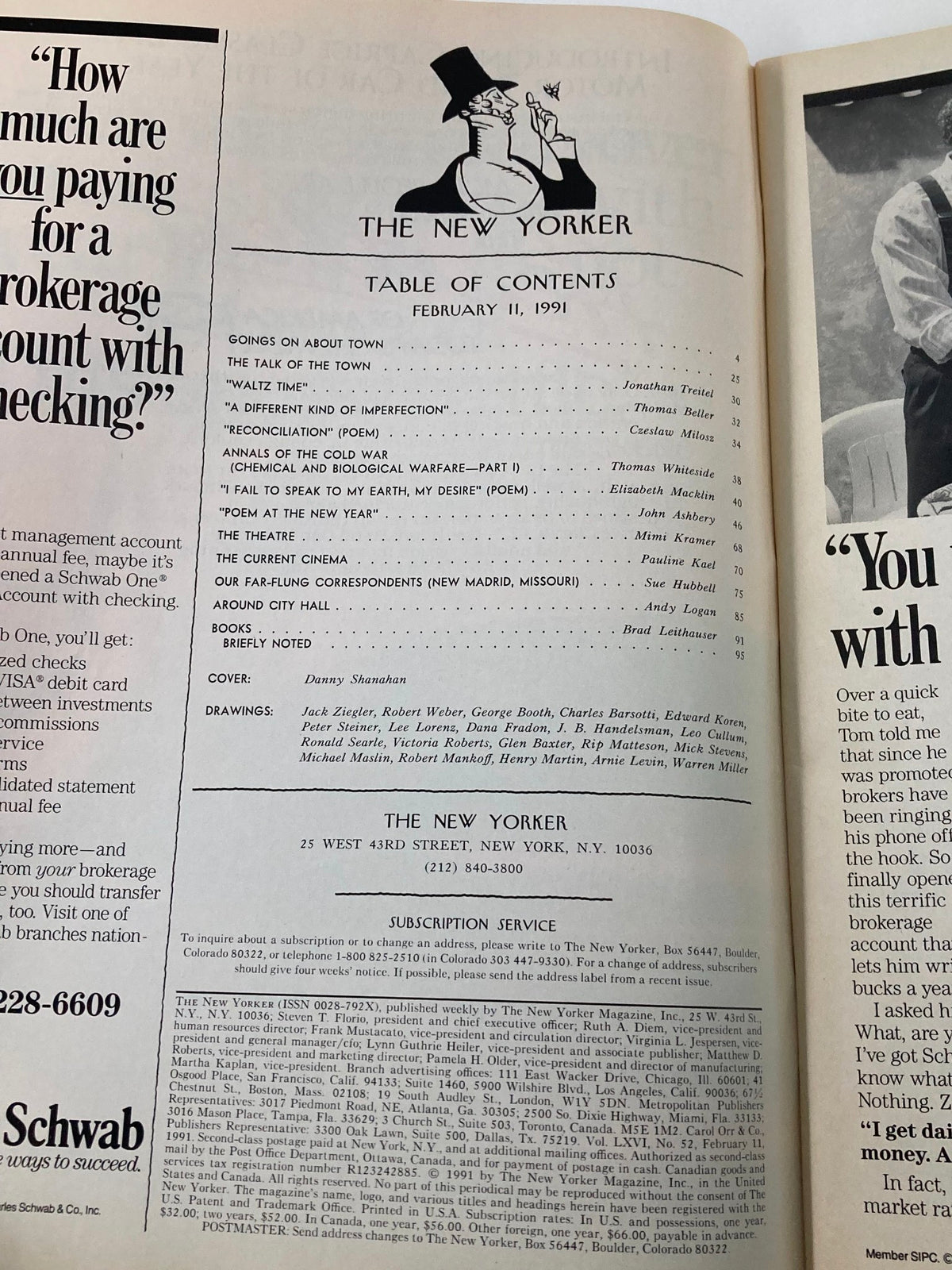 Table of contents page from The New Yorker magazine, February 11, 1991, listing various articles and contributions, showcasing the magazine's editorial design and layout.