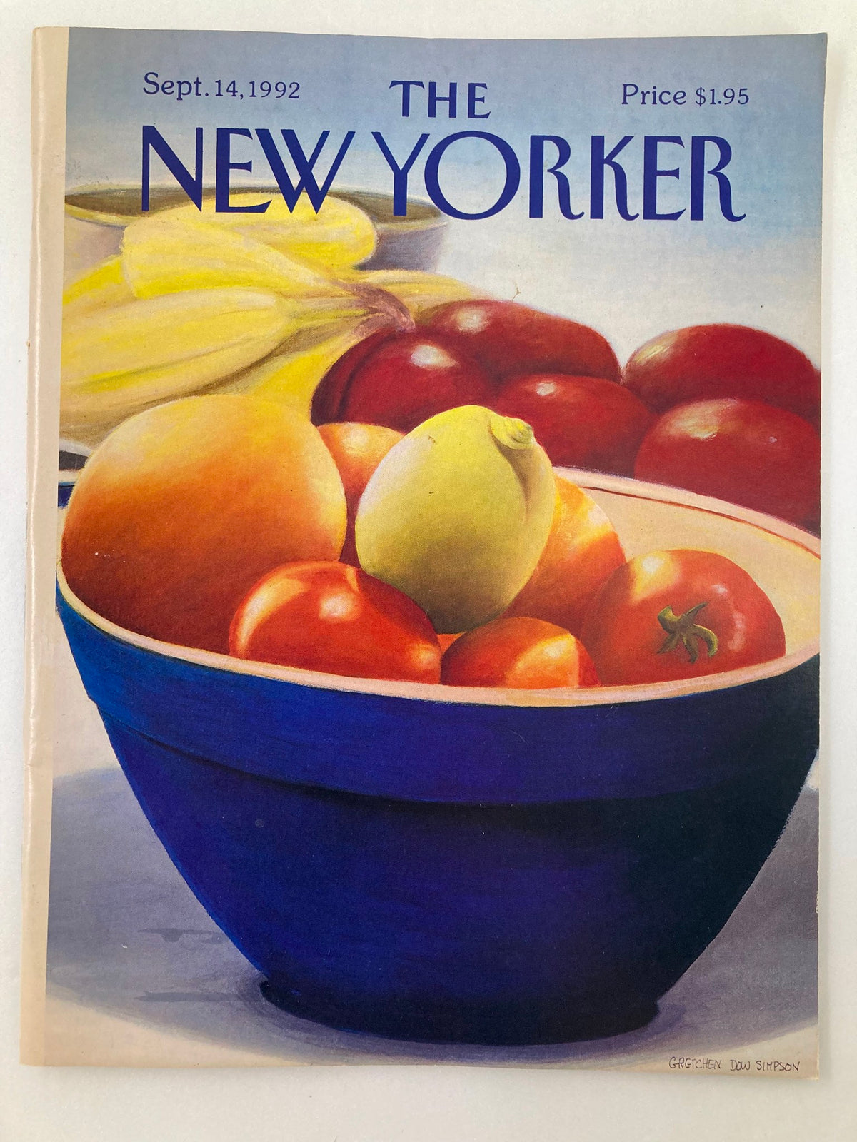 Cover of The New Yorker Full Magazine September 14, 1992 featuring a vibrant Bowl of Fruits illustration by Gretchen Dow S., showcasing colorful fruits in a blue bowl.