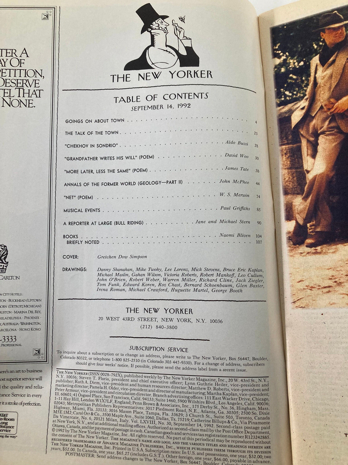 Inside page from The New Yorker Full Magazine September 14 1992 showing the table of contents, including articles, poems, and cover art by Gretchen Dow S.