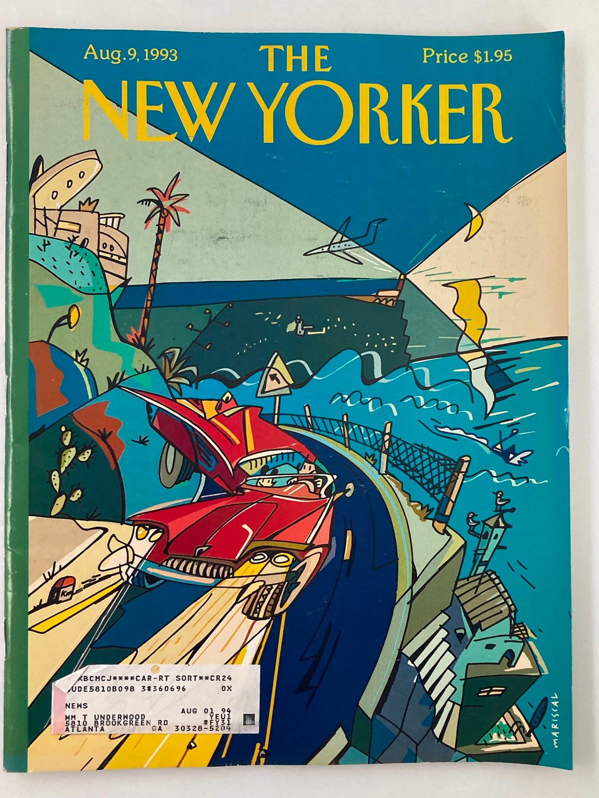 Cover of The New Yorker Full Magazine August 9 1993 featuring vibrant artwork by Mariscal depicting a coastal scene with a red car driving along a cliffside road.