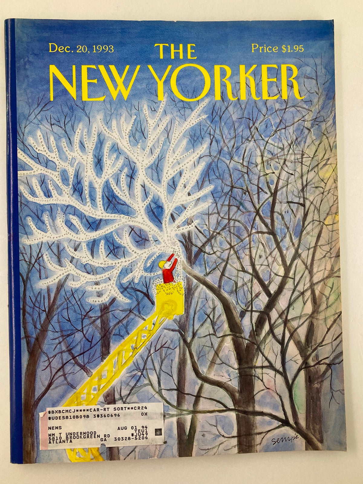 Cover of The New Yorker Full Magazine December 20 1993 featuring the artwork "All Lit Up" by Jean-Jacques Sempe, showcasing a vibrant winter scene with a figure on a lift admiring tree branches illuminated in white.