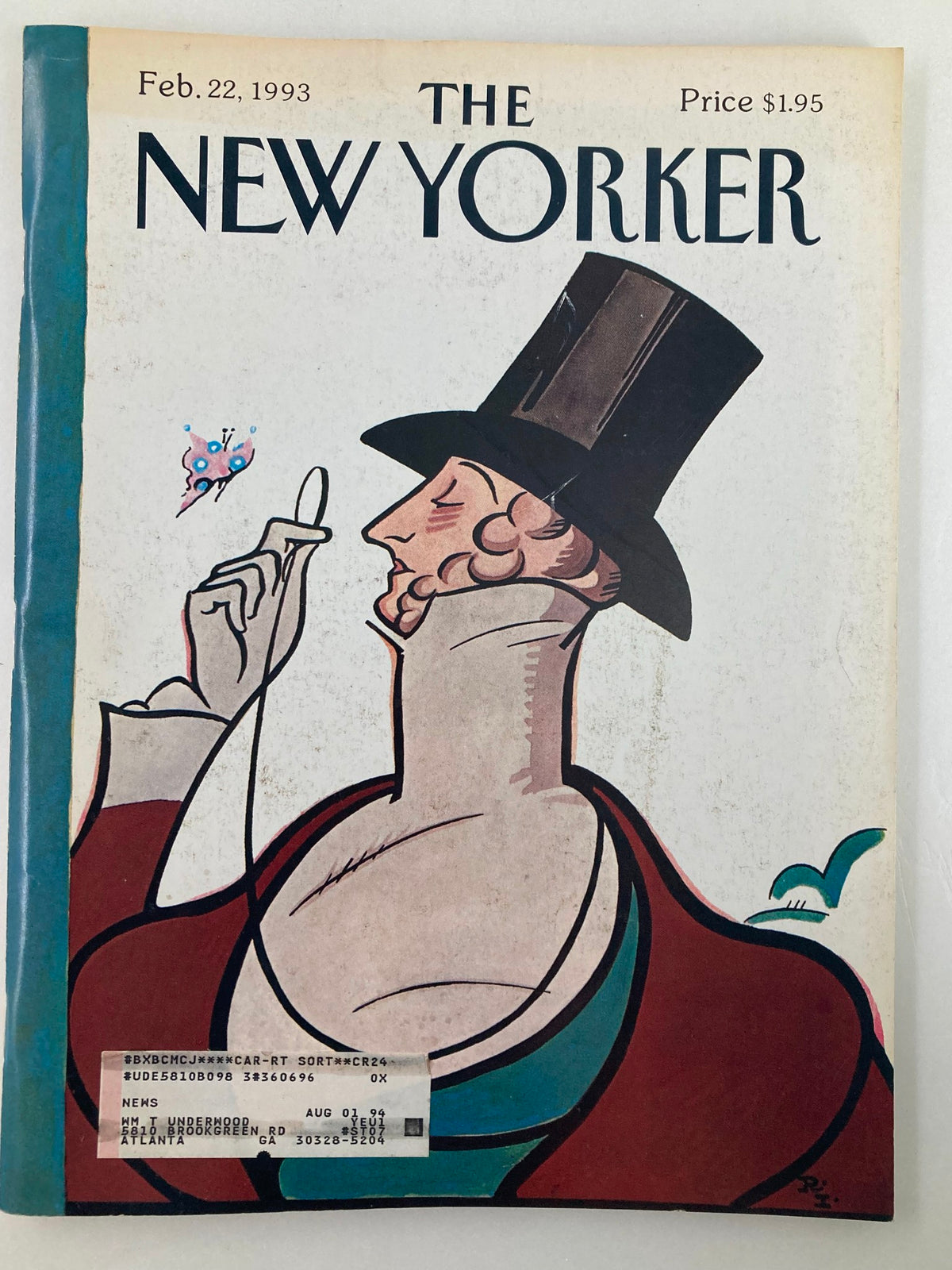 Cover of The New Yorker Full Magazine February 22, 1993 featuring the iconic illustration of Eustace Tilley by Rea Irvin, showcasing a distinguished gentleman in a top hat.