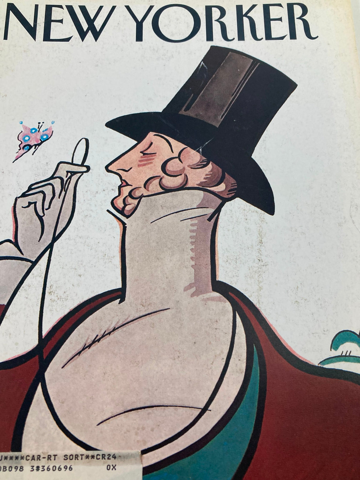 Close-up of the cover illustration from The New Yorker Full Magazine February 22, 1993, depicting Eustace Tilley, with emphasis on the artistic details of the gentleman's attire and expression.