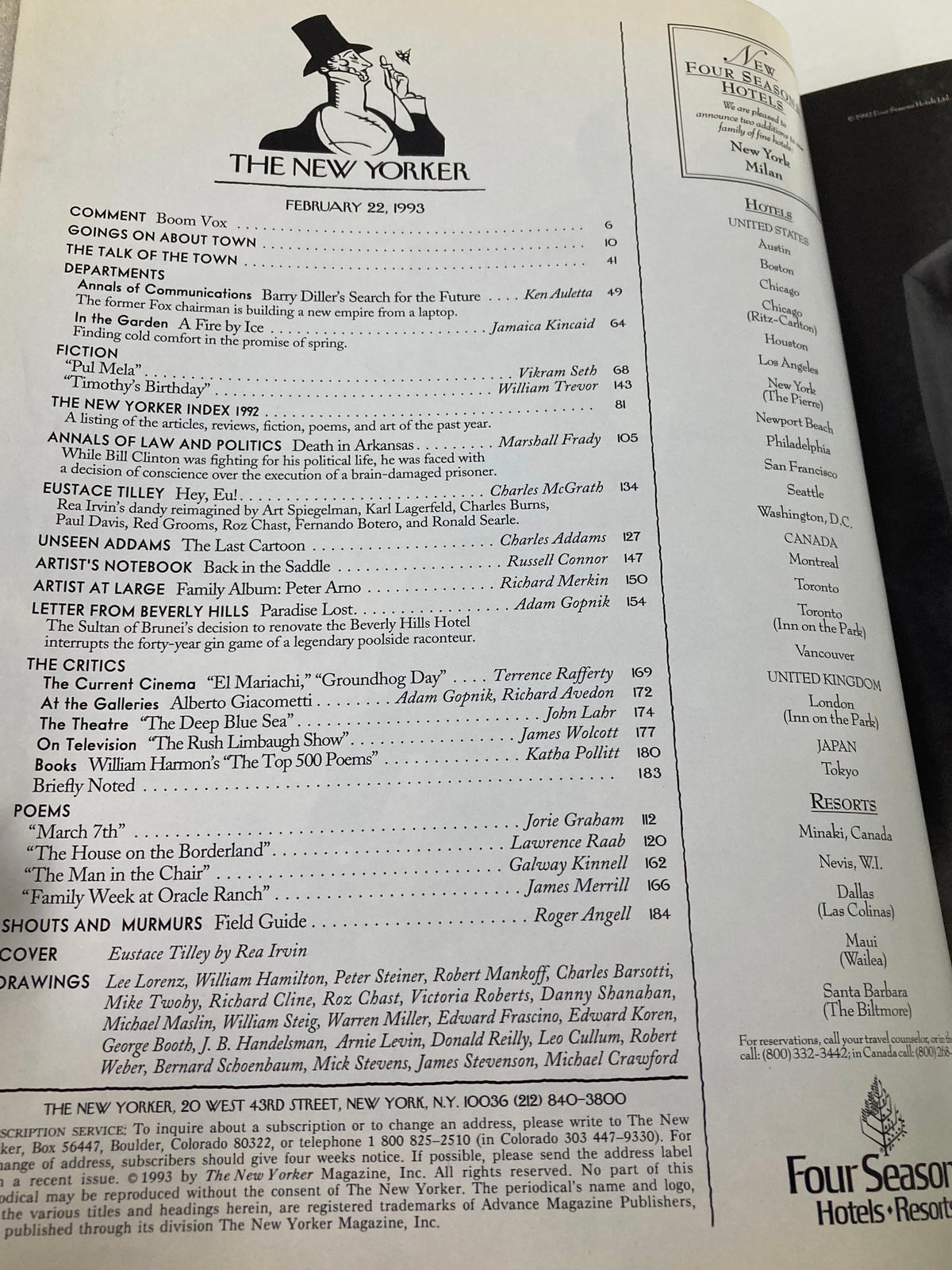 Interior page of The New Yorker Full Magazine February 22, 1993 featuring the table of contents and various article headings, showcasing Eustace Tilley illustration by Rea Irvin.