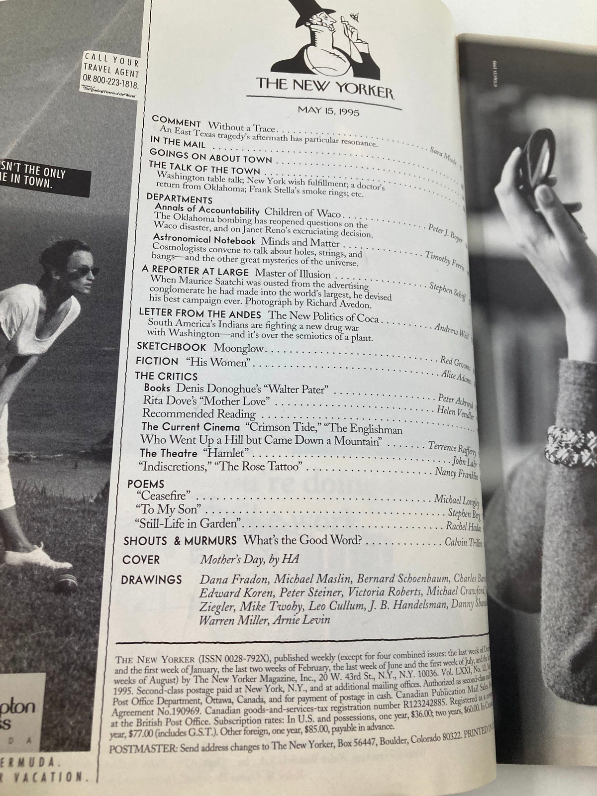 Interior page of The New Yorker Full Magazine from May 15, 1995, displaying the table of contents with articles and illustrations, including Mother's Day theme.